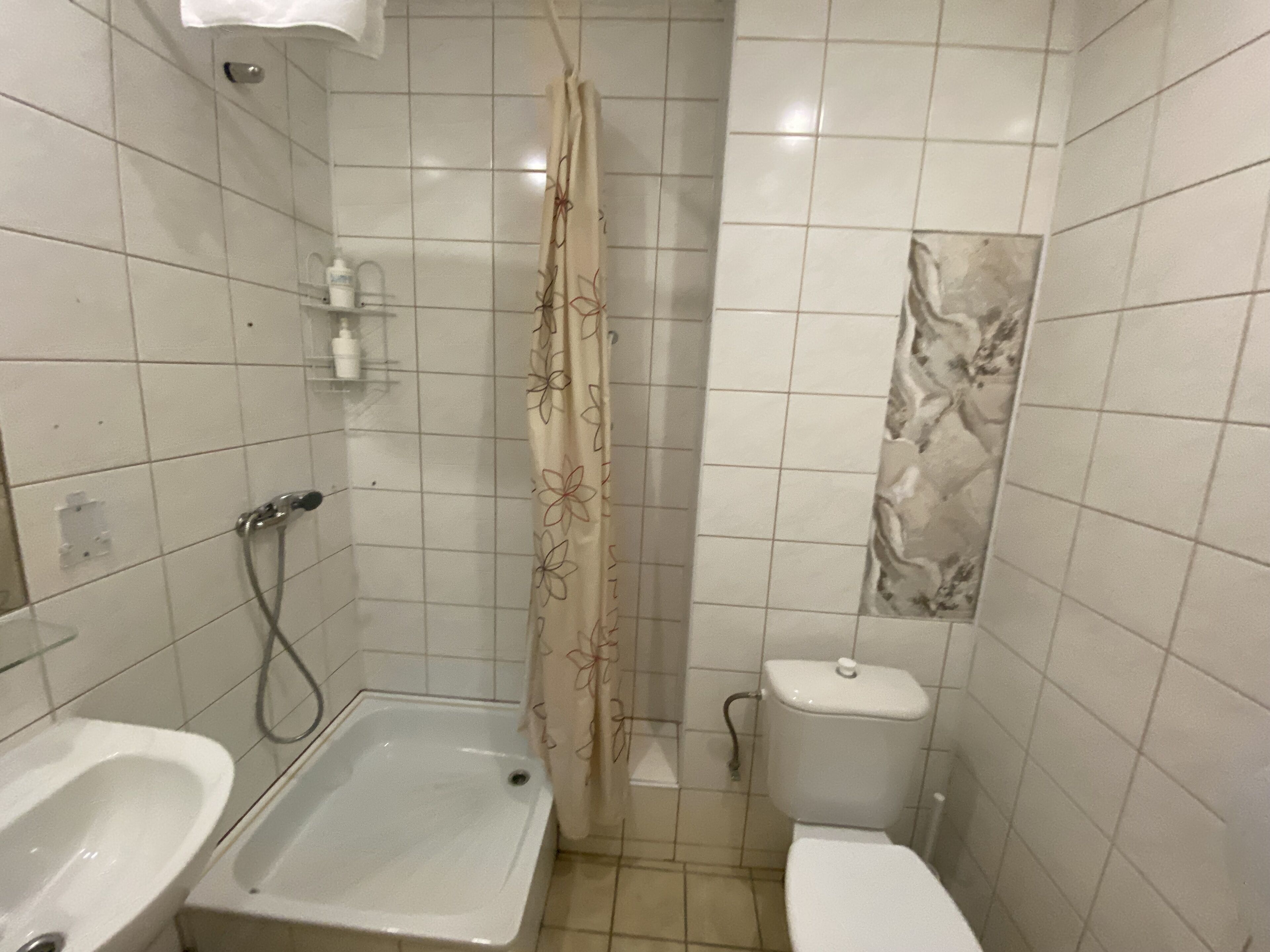 Un baño con bañera, inodoro y cortina de ducha.