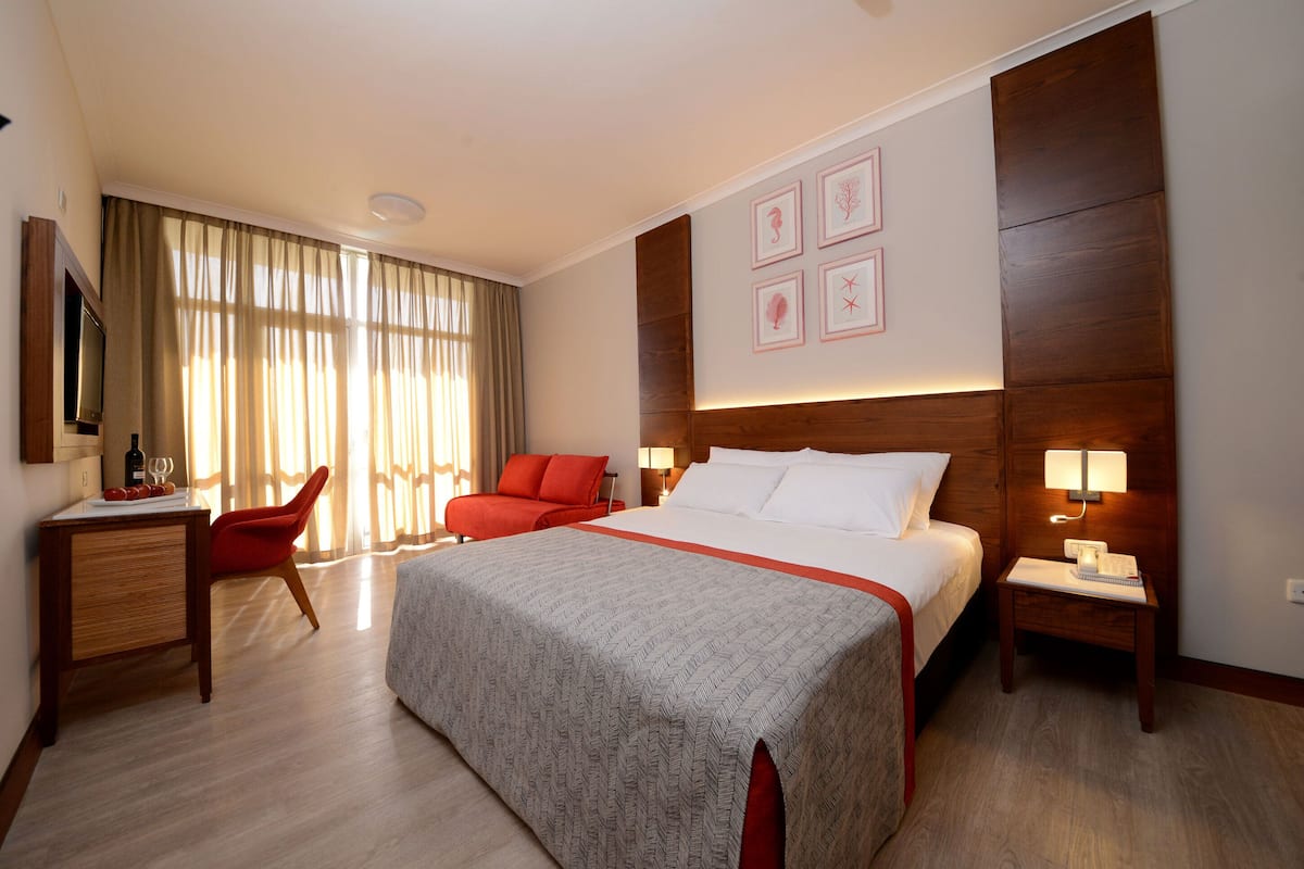 Ein Hotelzimmer mit einem großen Bett, einem Schreibtisch, einem Stuhl, einem Fernseher und einem Fenster mit Vorhängen.