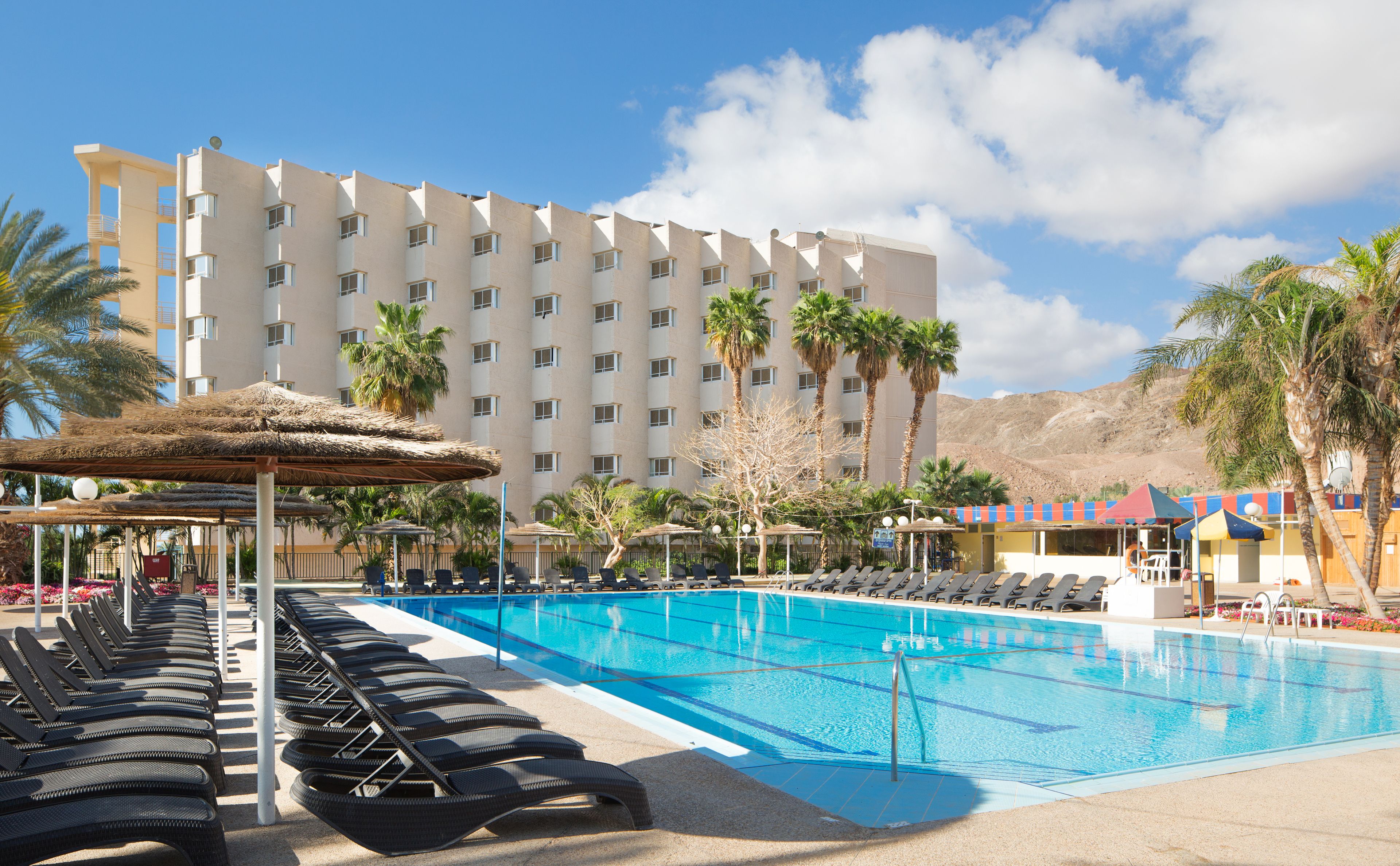 Zona de piscina de hotel con sillones reclinables, una sombrilla de paja y palmeras.