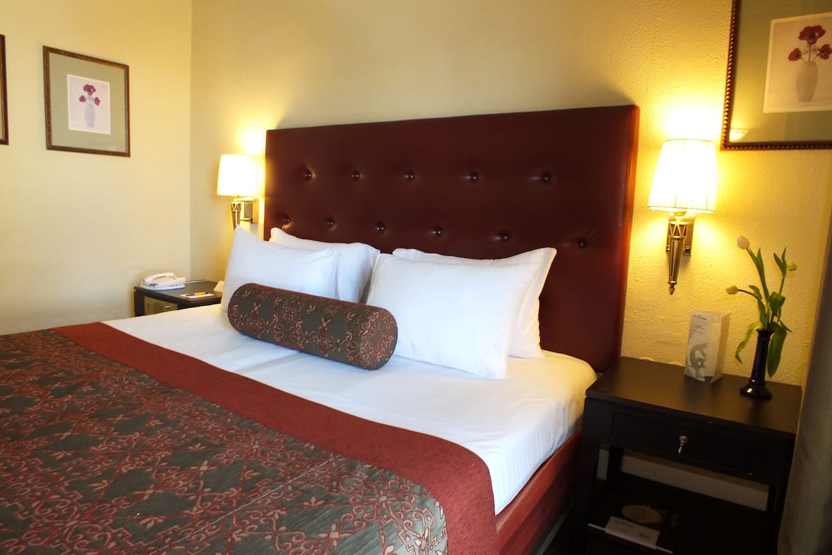 A hotel room with a large bed, two bedside lamps, a nightstand, a vase with flowers, and framed pictures on the wall.