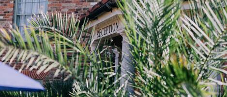 A reception area with a sign, surrounded by greenery.
