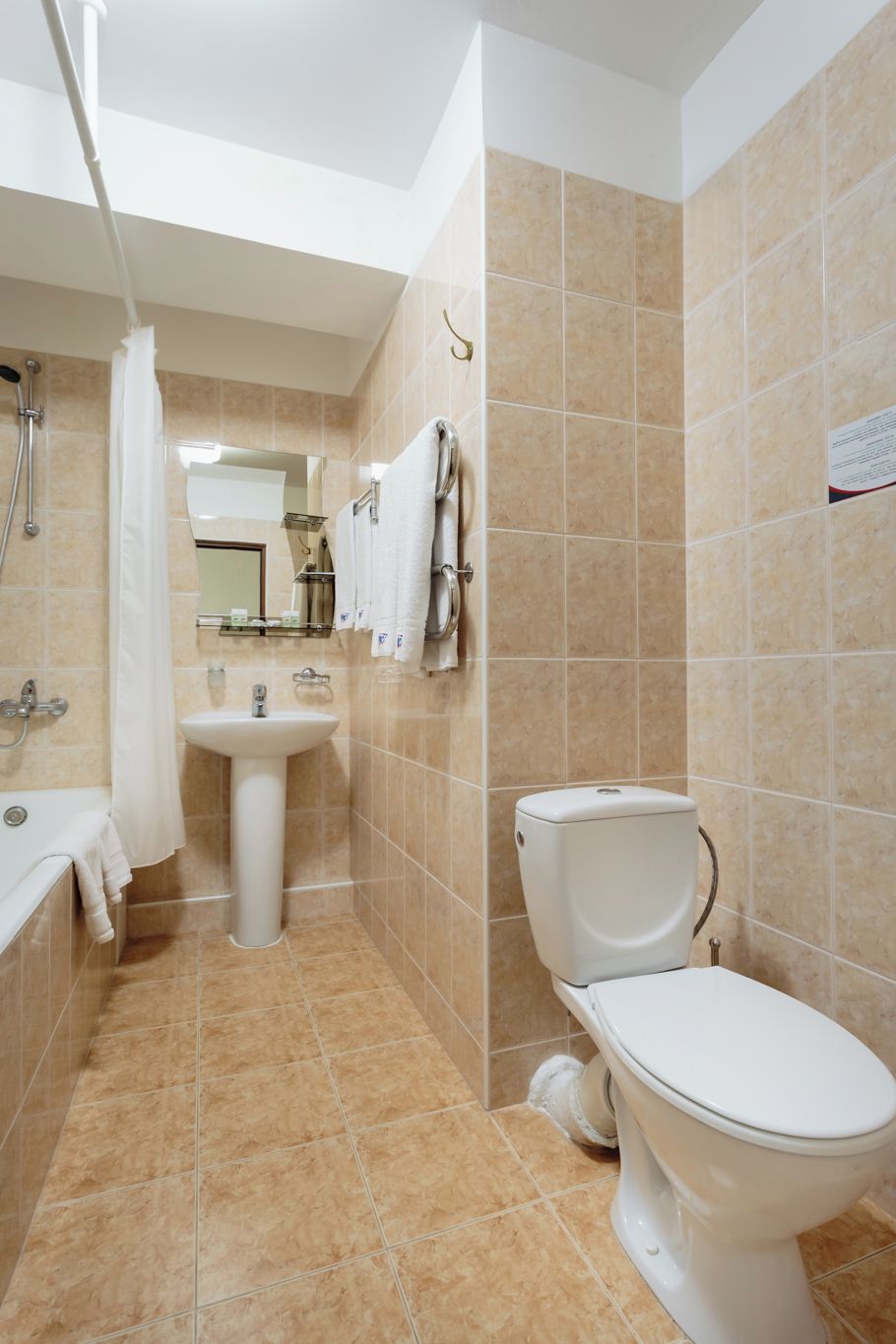 A bathroom with a toilet, sink, and shower.