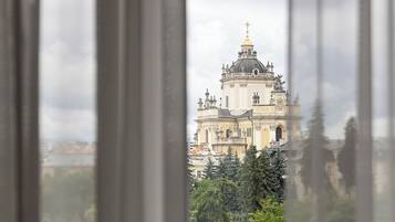 A view of a historic building with ornate architecture, visible through window blinds.