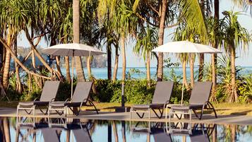 4 outdoor pools, open 8:00 AM to 8:00 PM, pool umbrellas, sun loungers