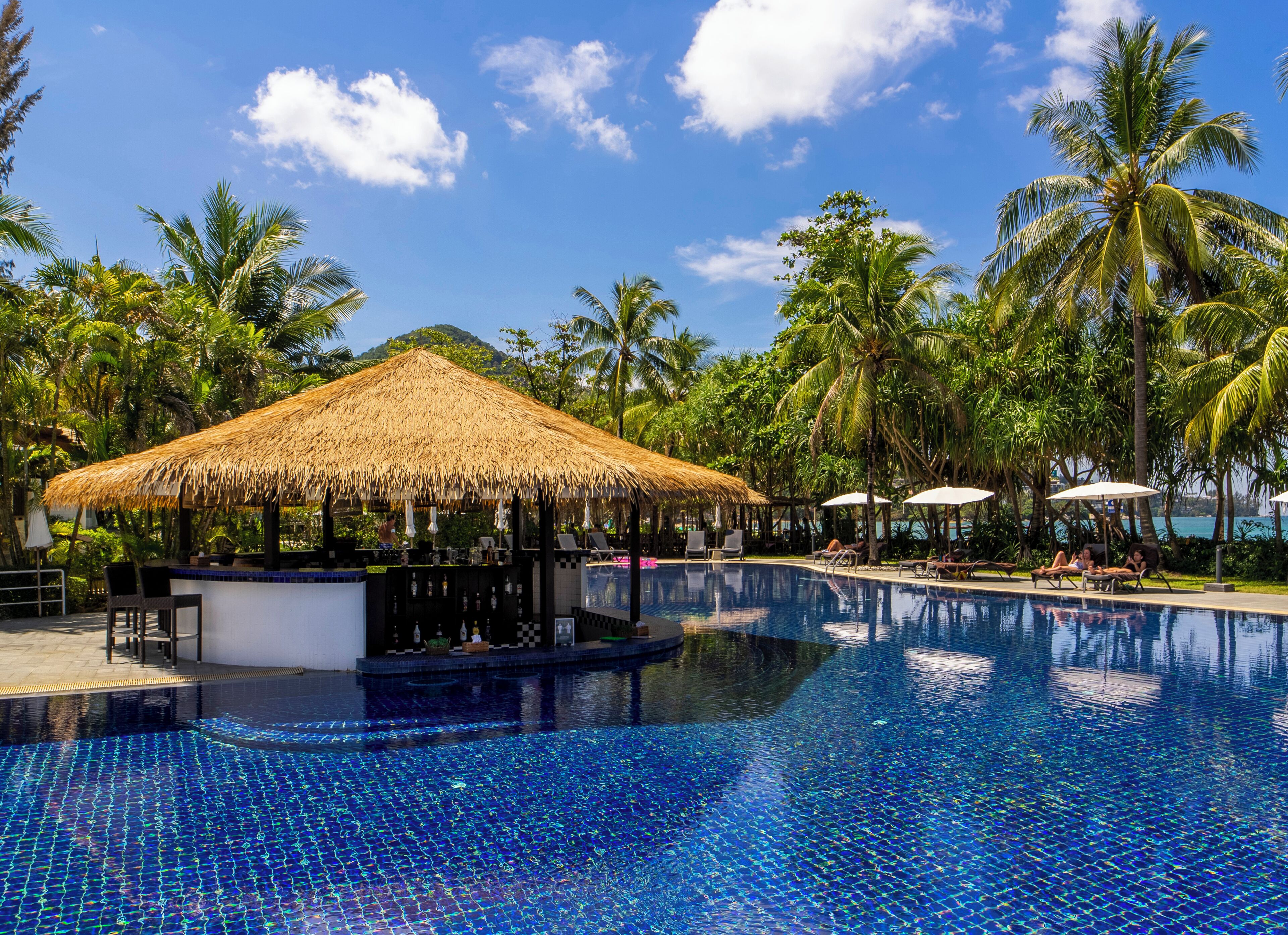 A swimming pool with a thatched-roof bar area, surrounded by palm trees and lounge chairs.