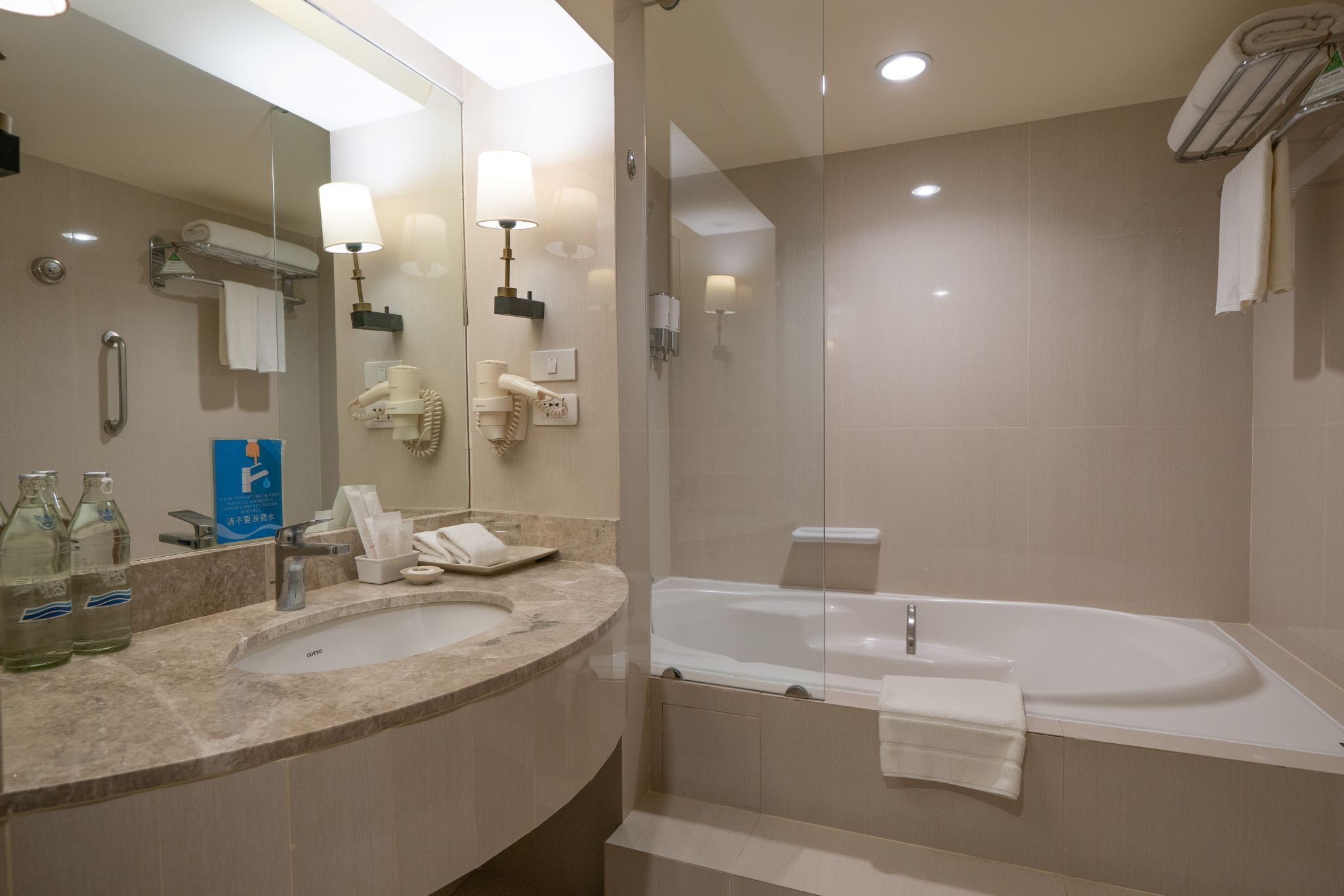 combined shower/bathtub, free toiletries, hair dryer, bathrobes