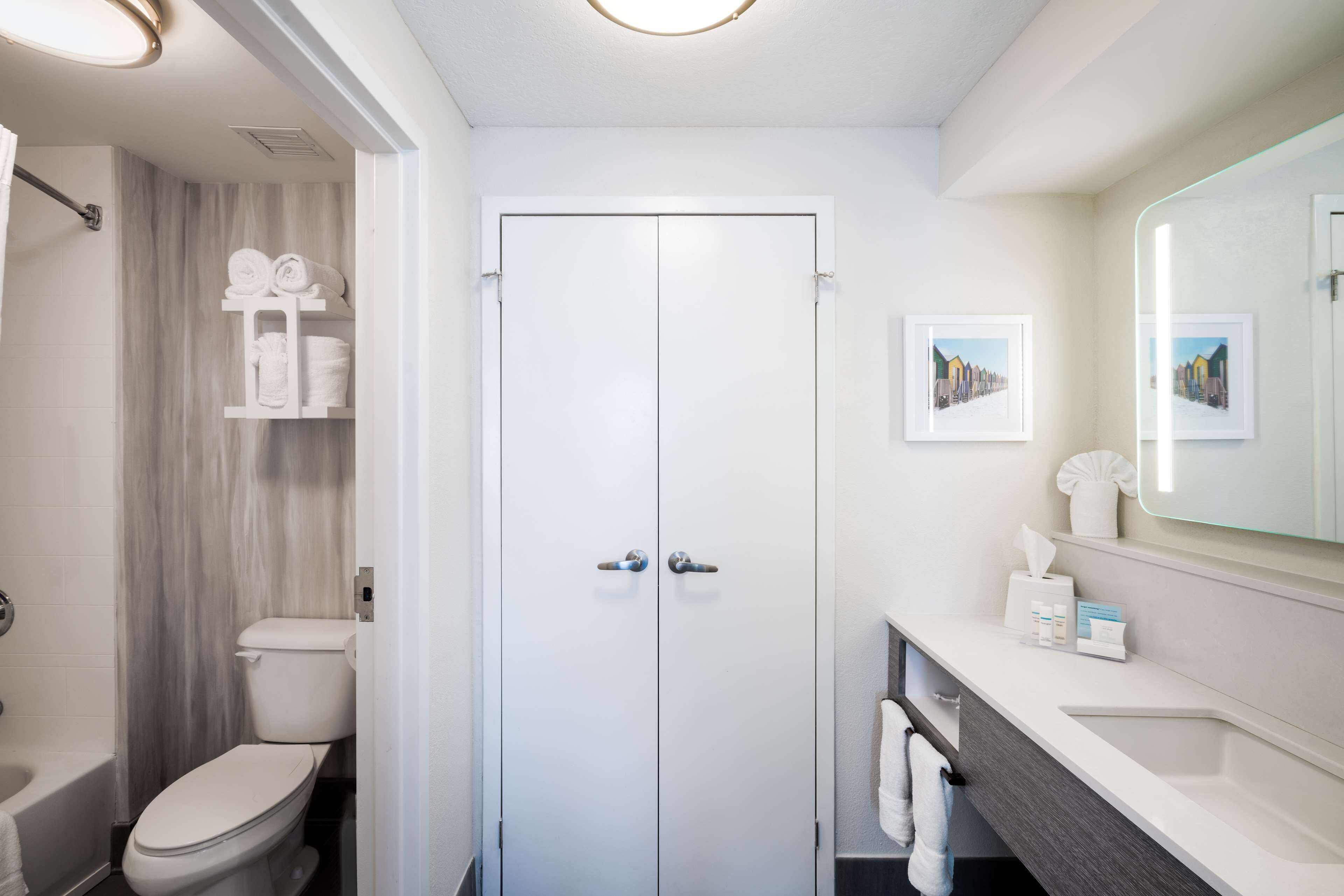 combined shower/bathtub, free toiletries, hair dryer, towels