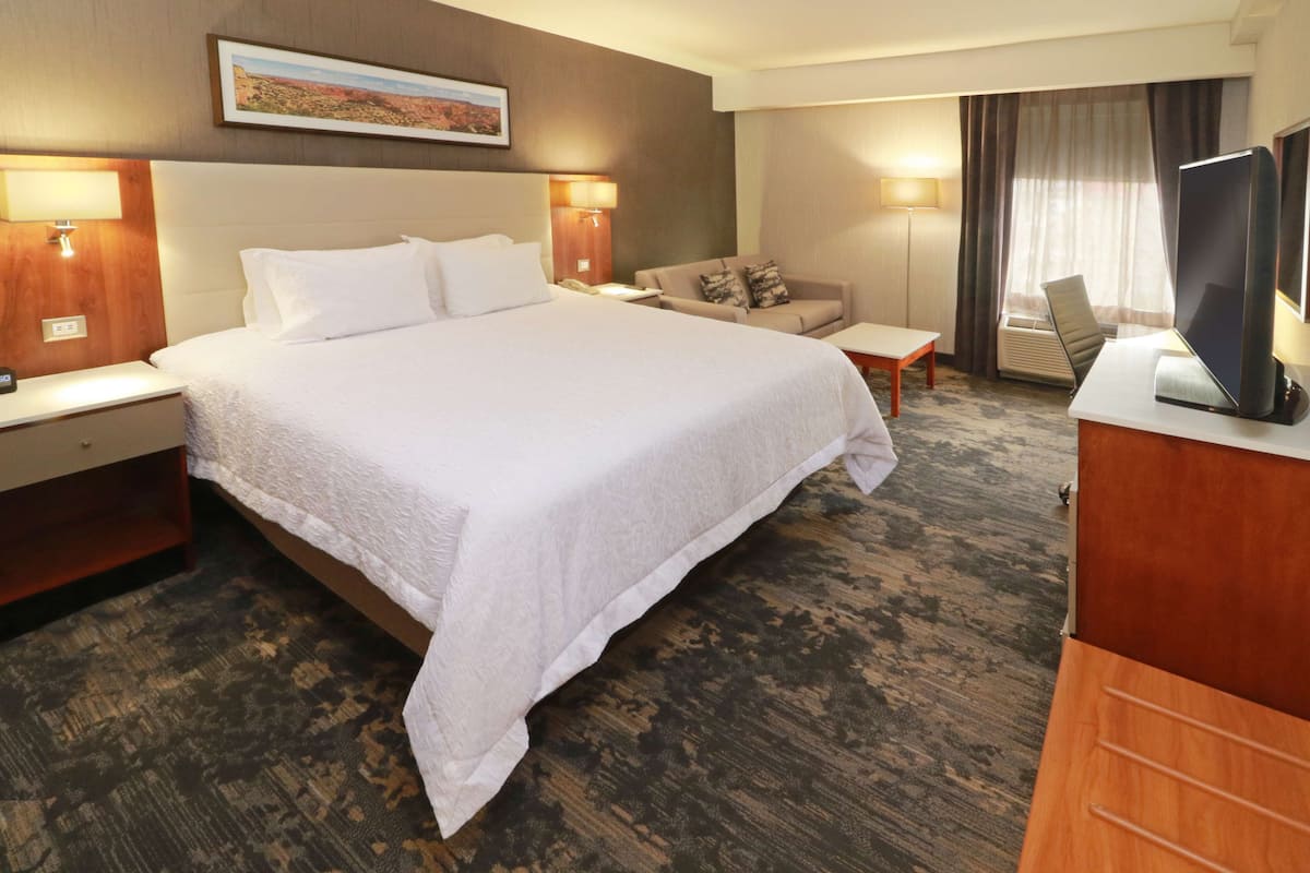 A hotel room with a large bed, a desk with a television, a sofa, and two lamps.