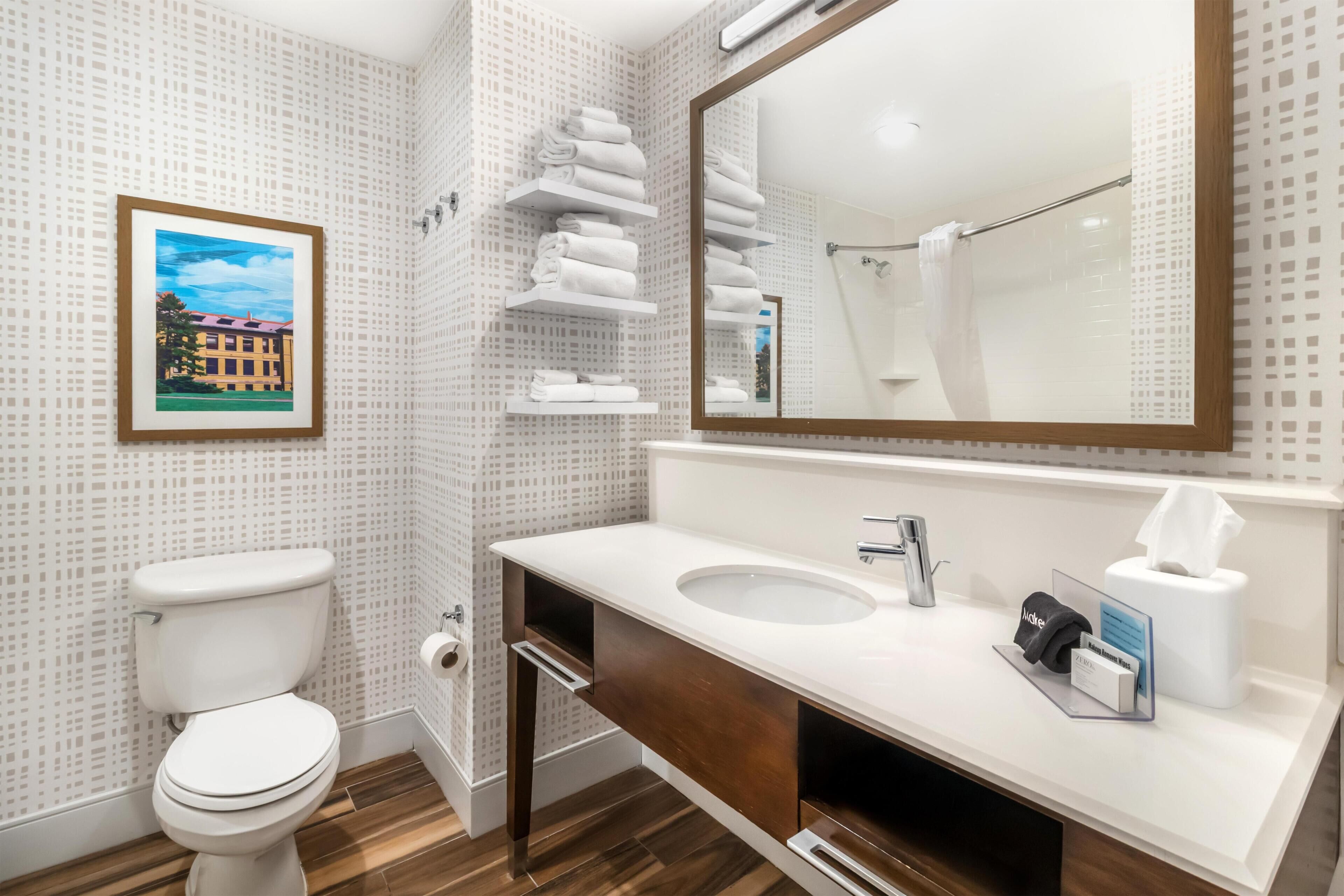 Une salle de bain moderne avec des toilettes, un lavabo et un miroir. On trouve des porte-serviettes au-dessus du lavabo et un tableau encadré au mur.