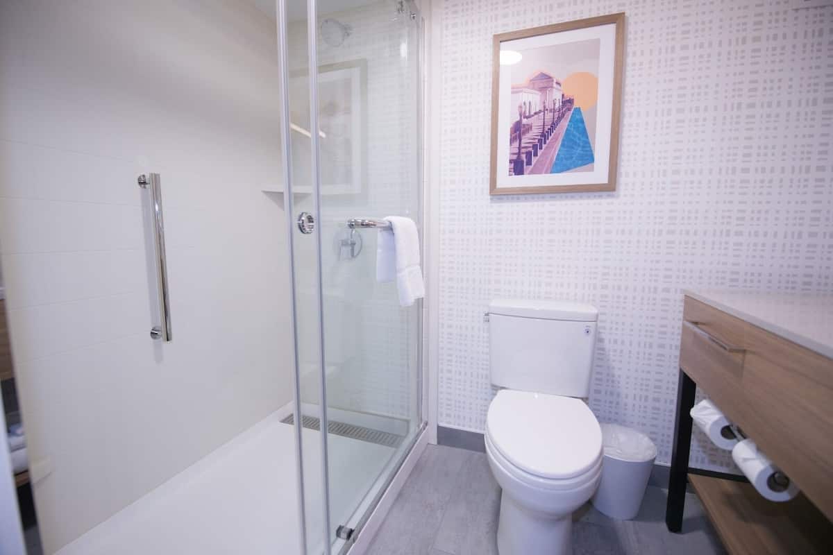 Combined shower/tub, free toiletries, hair dryer, towels