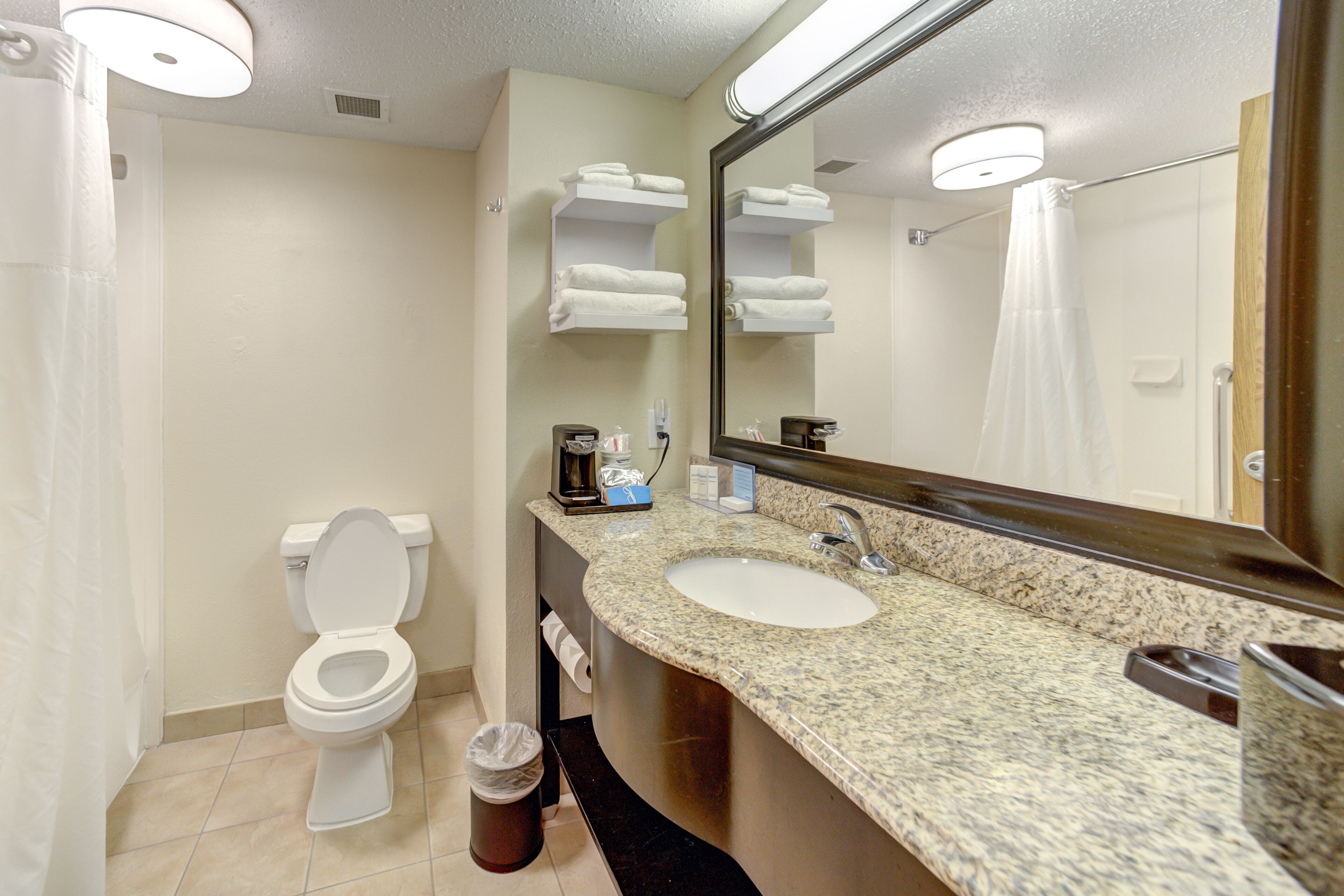 combined shower/bathtub, free toiletries, hair dryer, towels