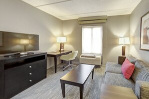 Suite, 1 cama de matrimonio grande con sofá cama, cocina básica | Sala de estar | Televisión LCD de 43 pulgadas con canales premium, una televisión