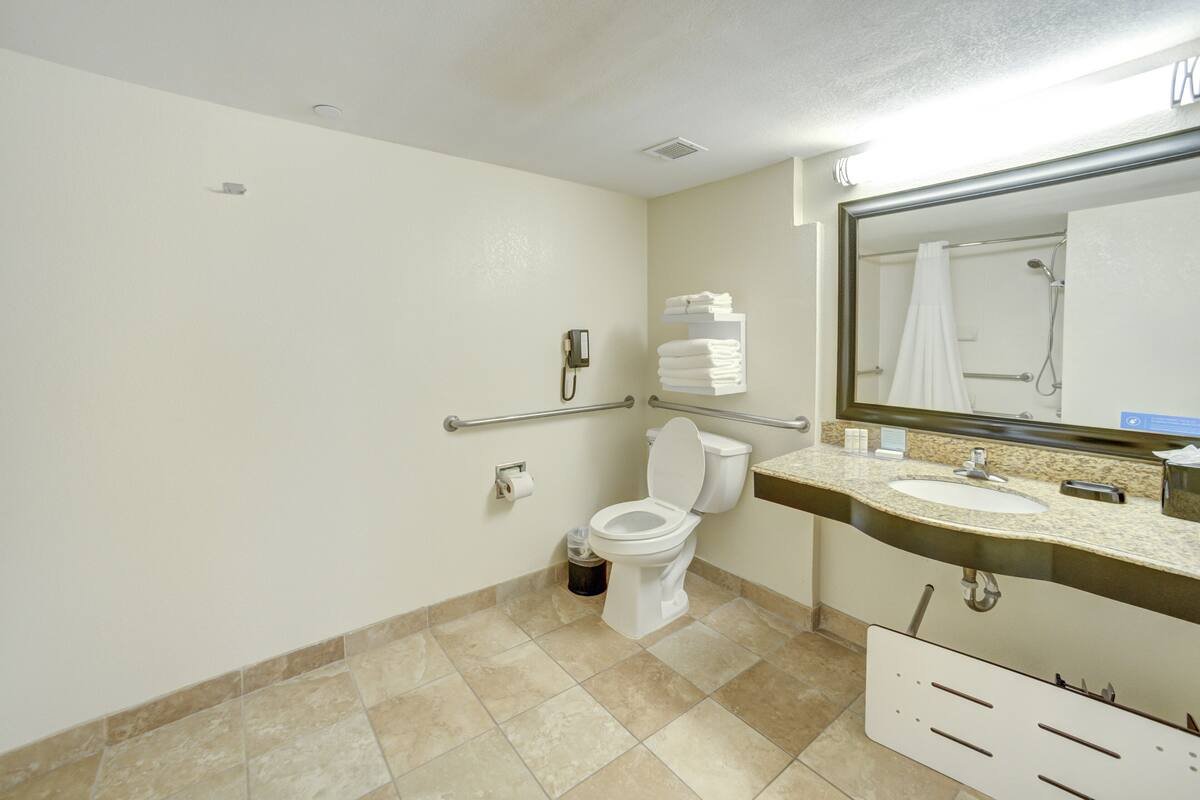 combined shower/bathtub, free toiletries, hair dryer, towels