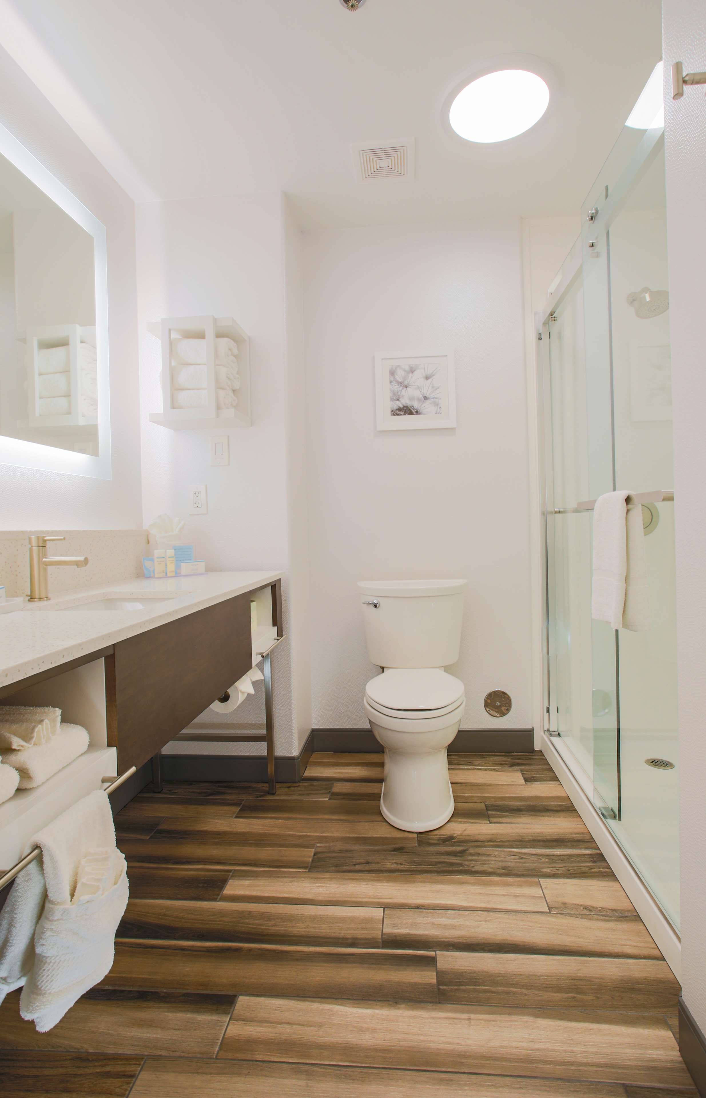 A modern bathroom with a wooden floor, white fixtures, and a glass shower enclosure.
