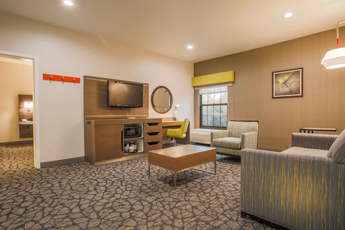 A hotel room with a kitchenette, a flat-screen TV, a mirror, a patterned carpet, and two armchairs.