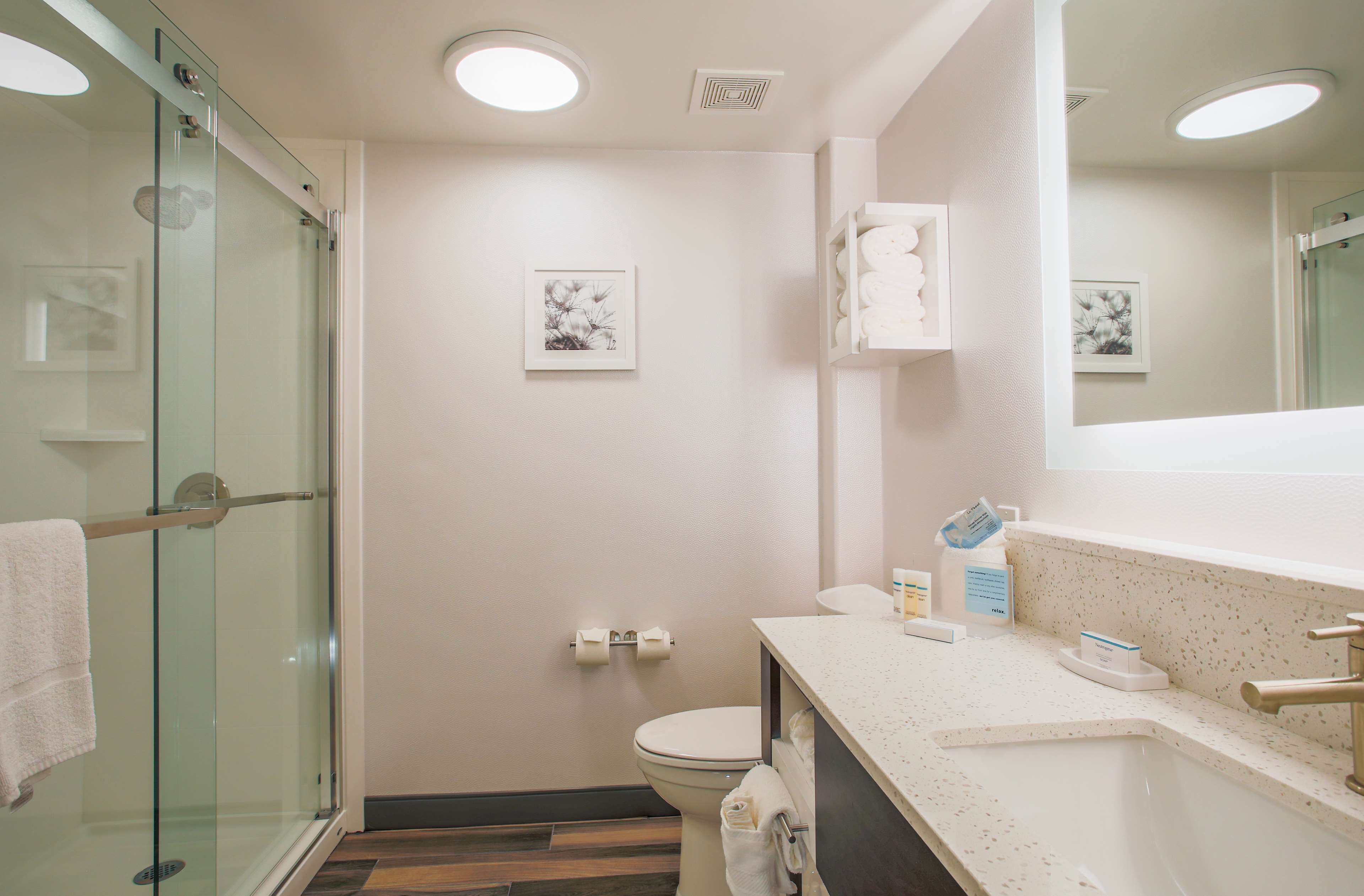 A modern bathroom with a glass shower enclosure, a toilet, and a sink with a countertop.