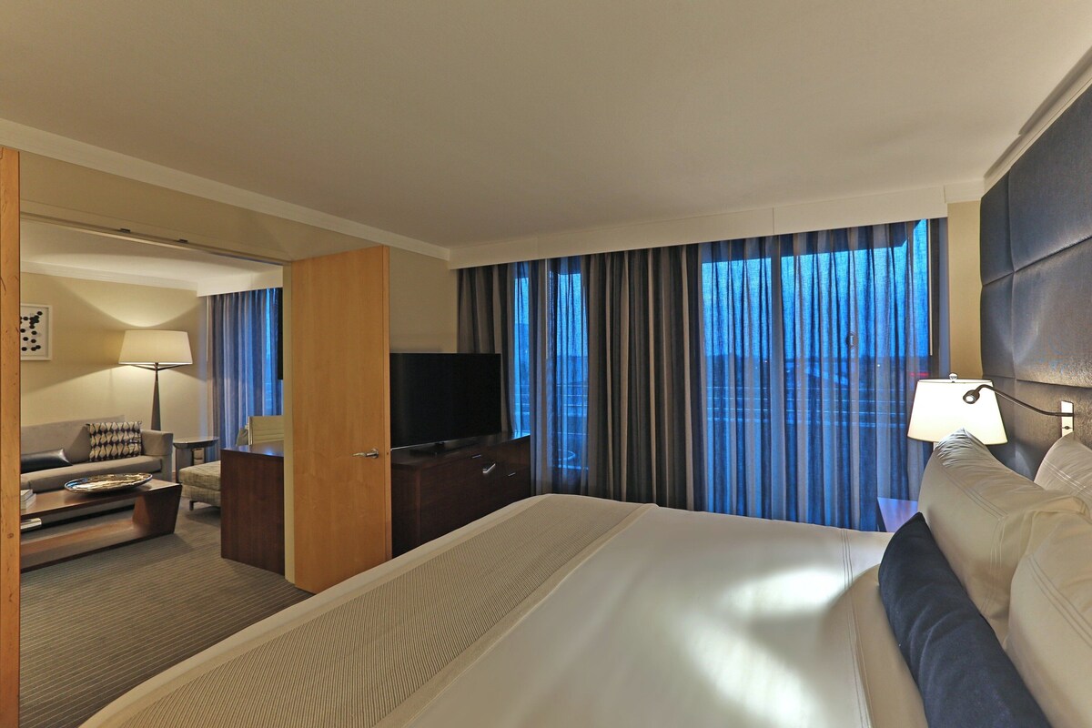 Een hotelkamer met een groot bed, een televisie, een bureau en een bank.