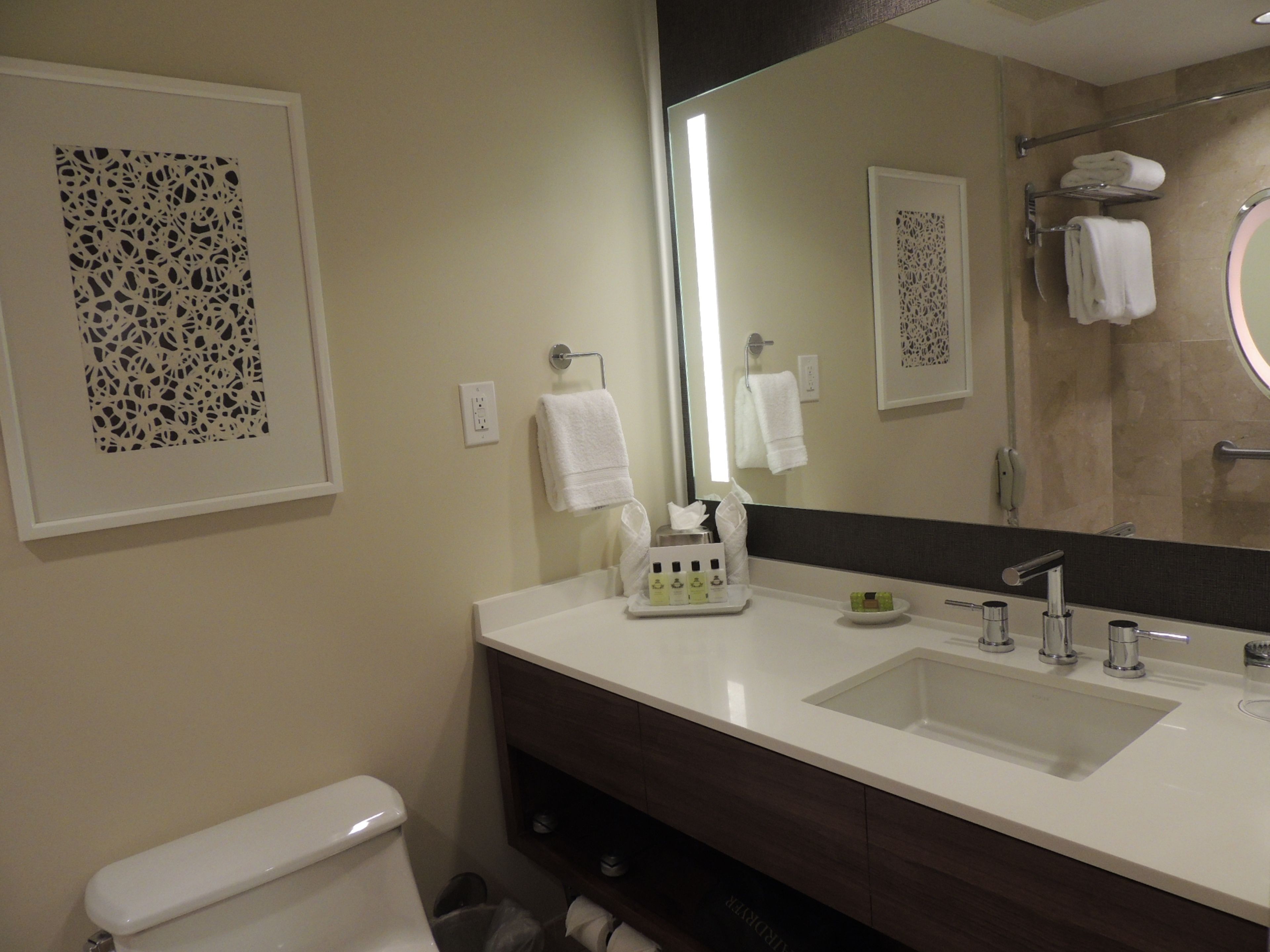 A bathroom with a white sink, a mirror, and a toilet. There are towels hanging on a rack and a framed artwork on the wall.