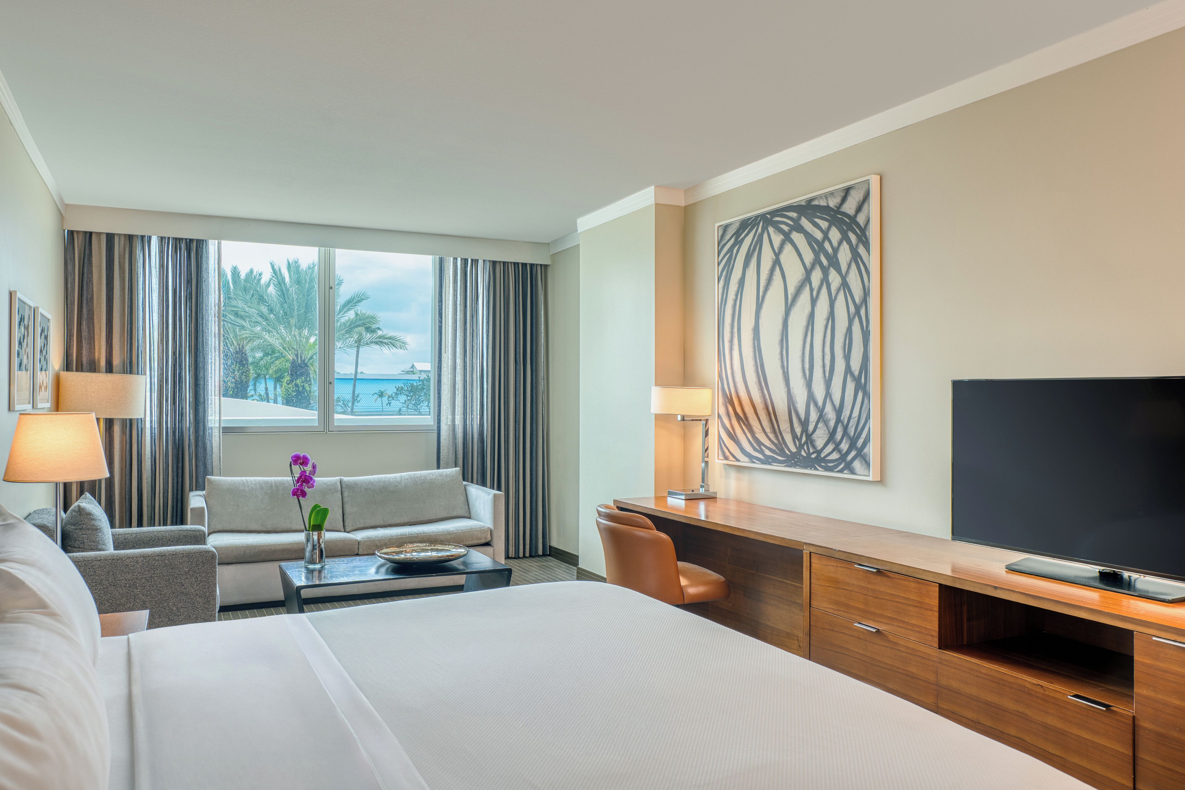 A hotel room with a bed, a sofa, a desk, a TV, and a window with curtains.