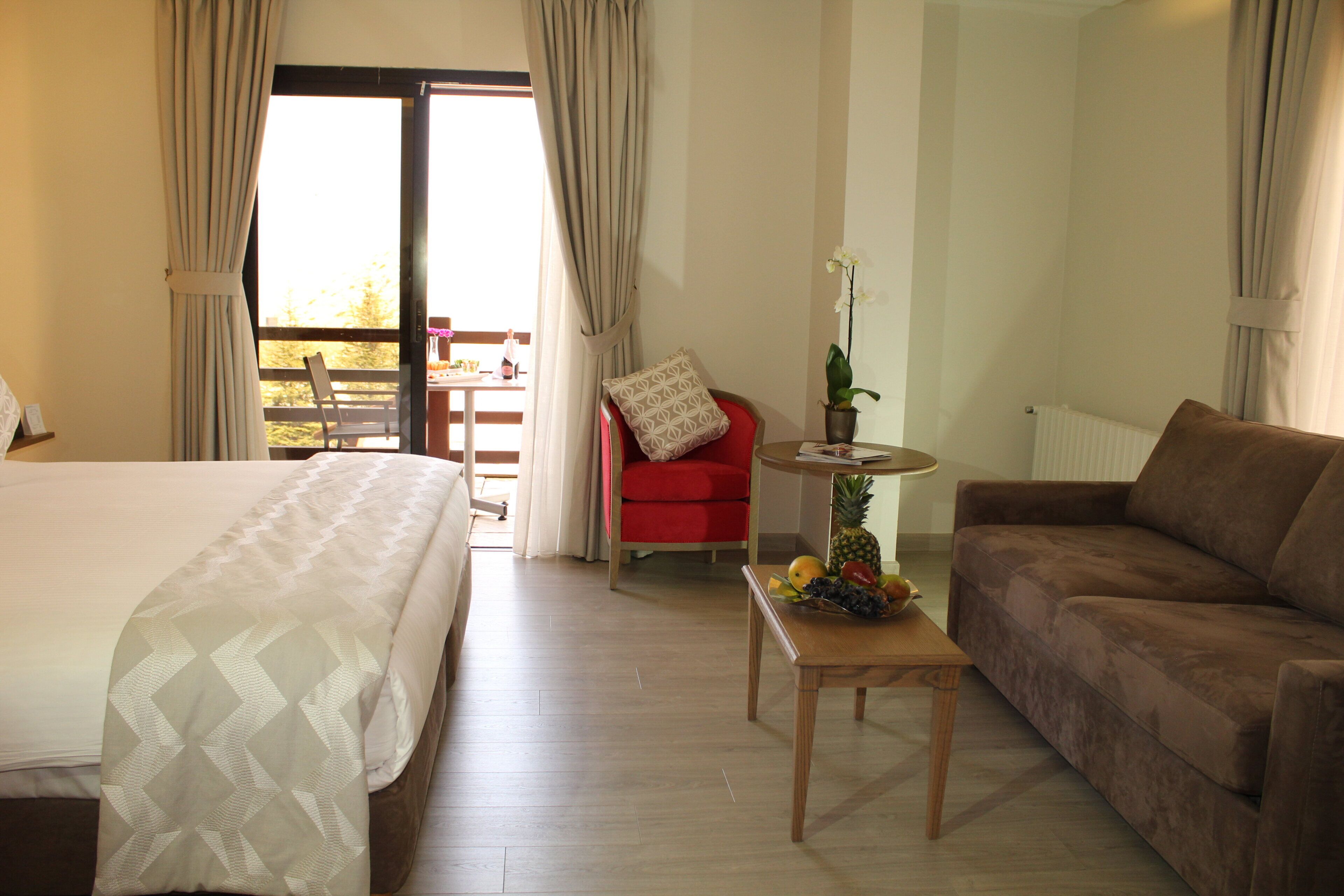 A hotel room with a bed, a sofa, a small table with fruit, a chair, and a view of the outdoors.
