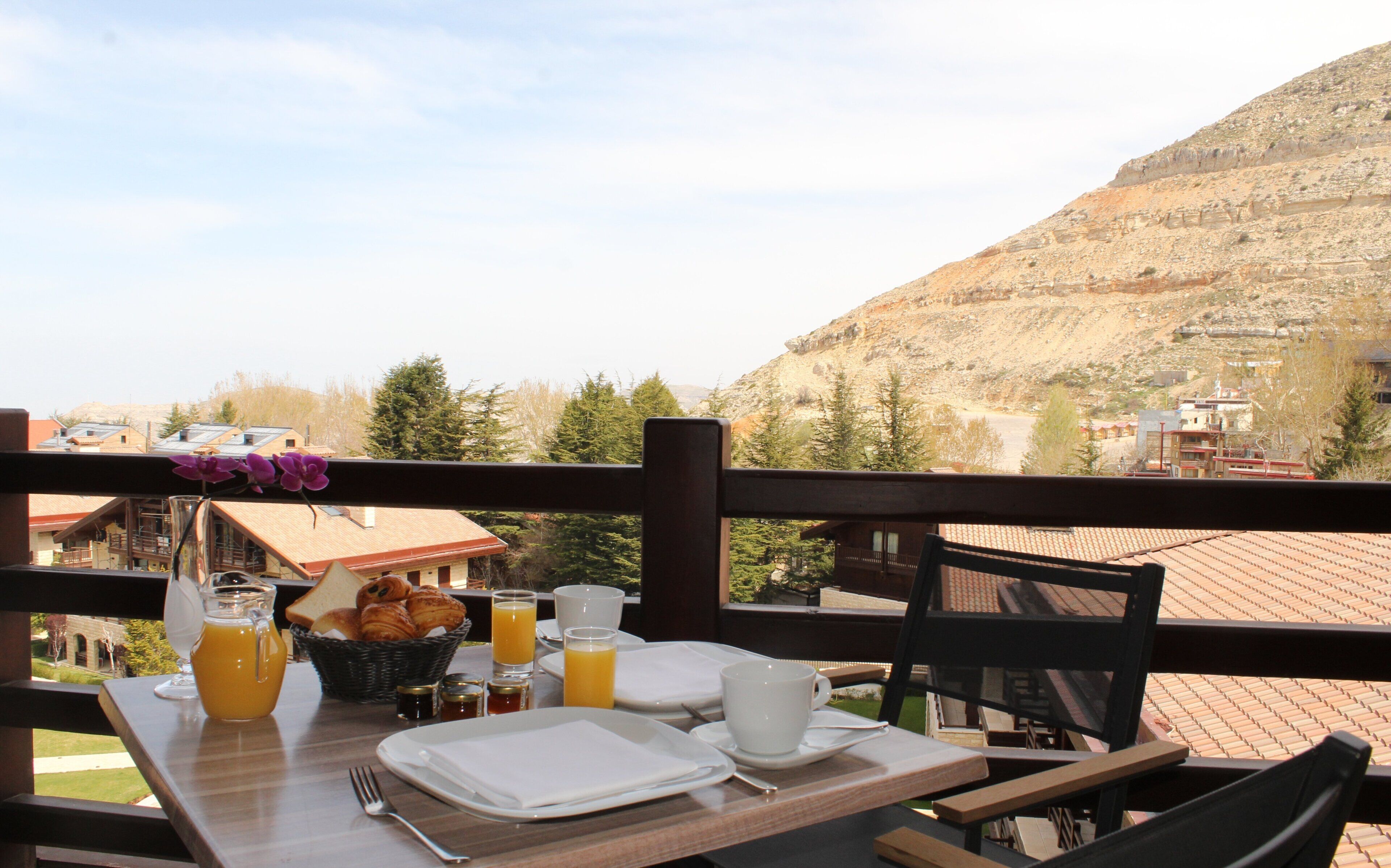 A breakfast table with a view of a mountainous landscape.