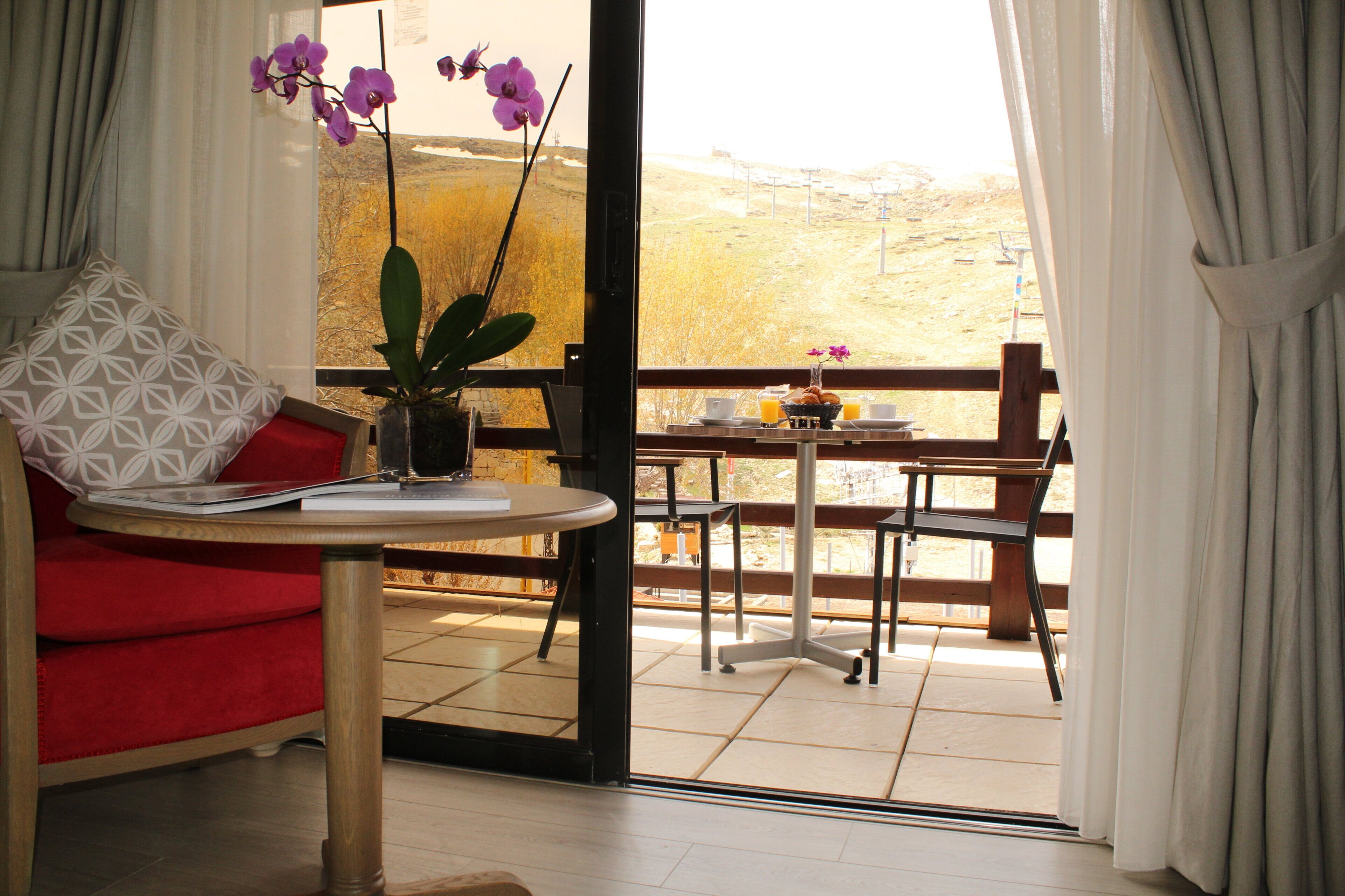 A room with a red sofa, a small table with a vase of flowers, and a balcony with a view of the countryside.