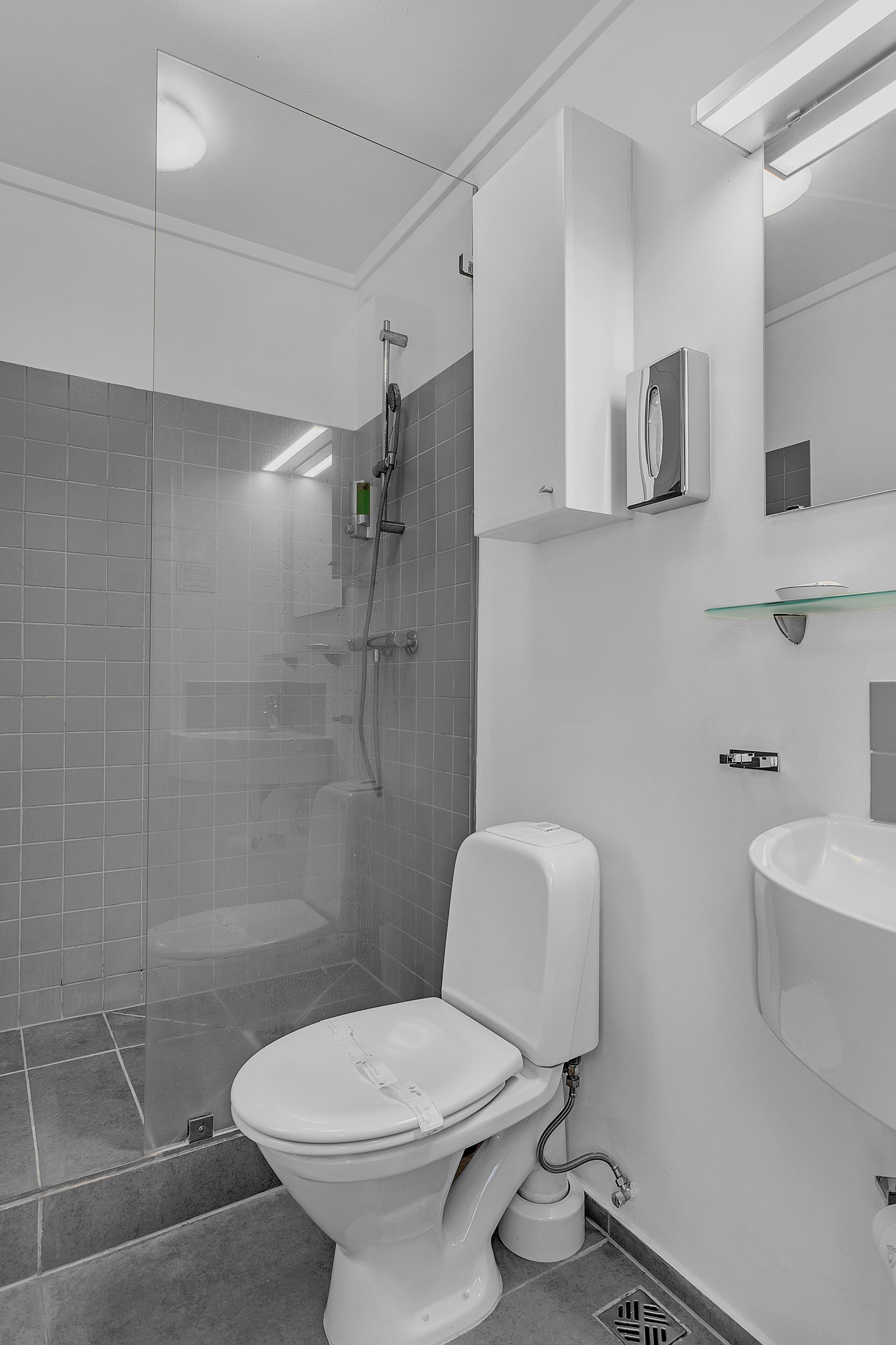 A modern bathroom with a glass shower enclosure, a white toilet, a glass shelf, and a wall-mounted medicine cabinet.