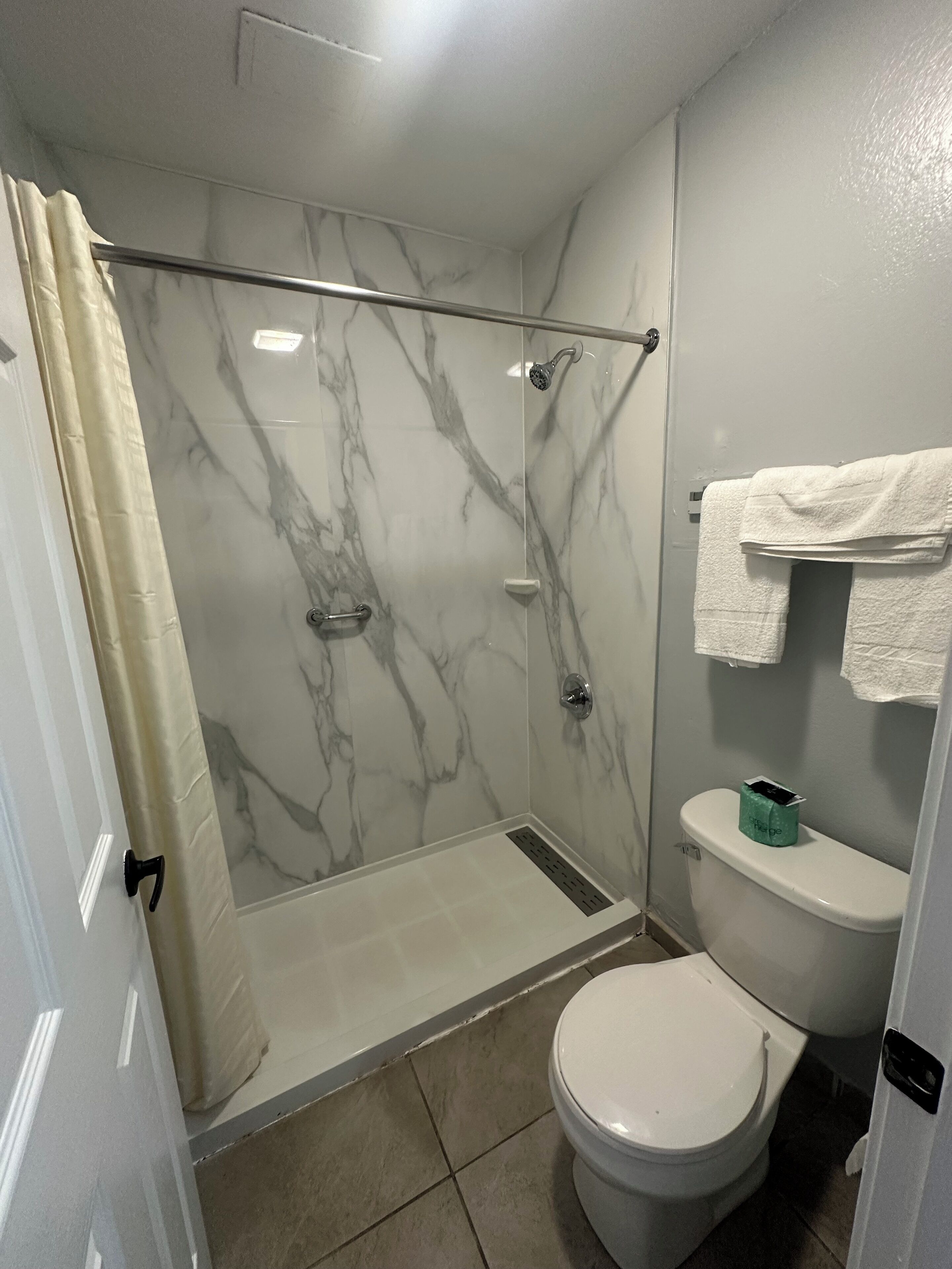 Combined shower/bathtub, free toiletries, hair dryer, towels