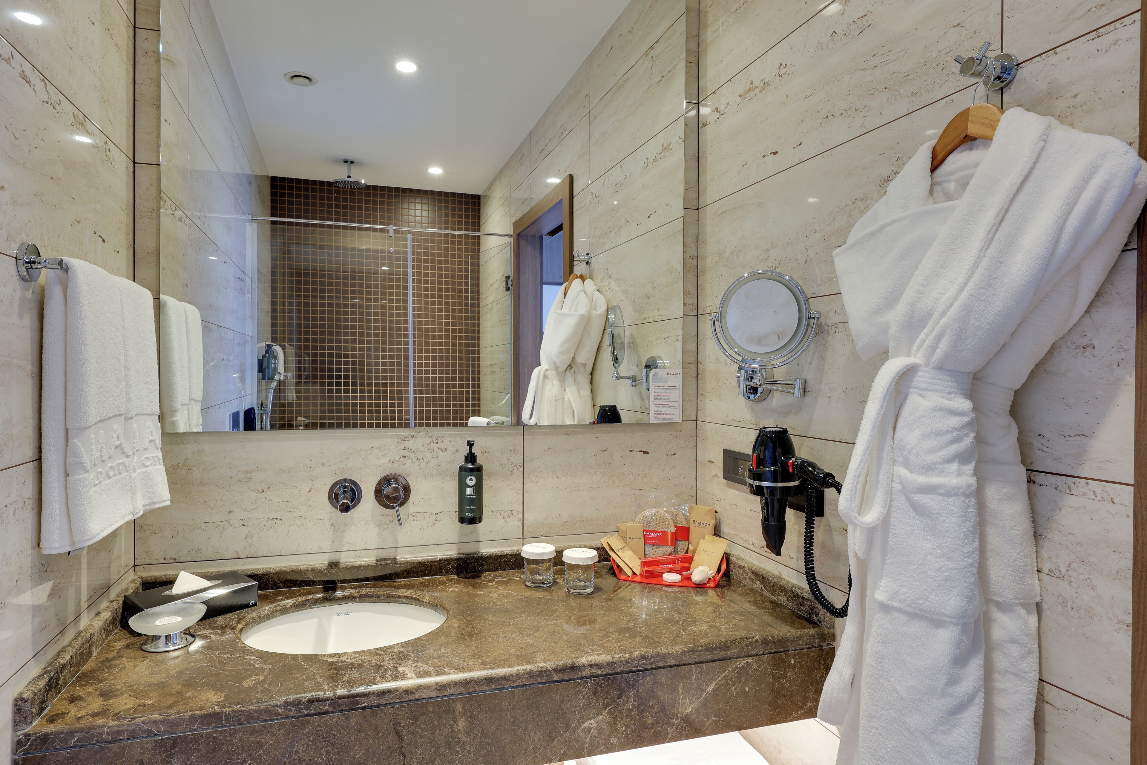 rainfall showerhead, free toiletries, hair dryer, bathrobes