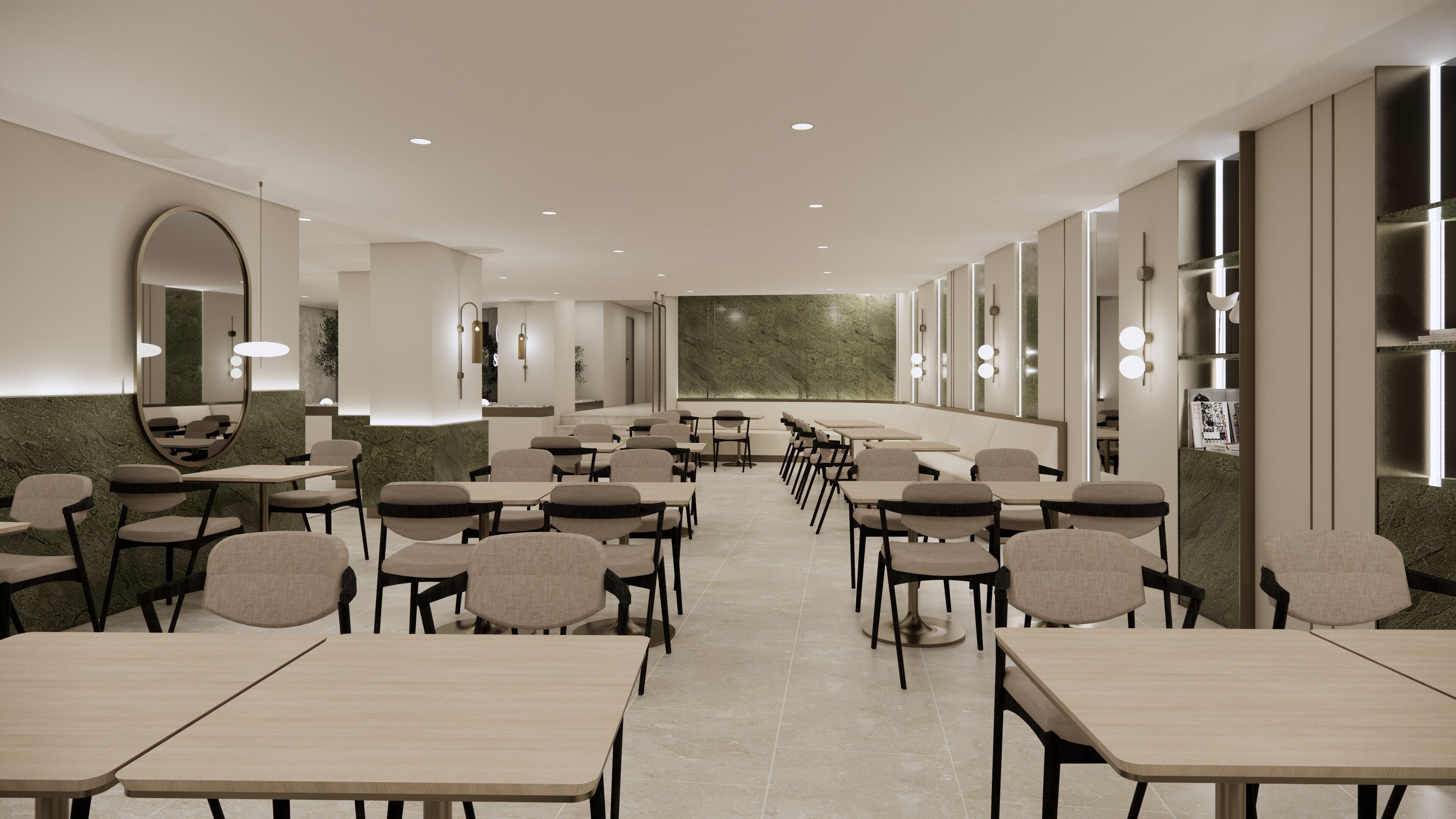 Un restaurante moderno con una barra larga, varias mesas y sillas dispuestas para comer.
