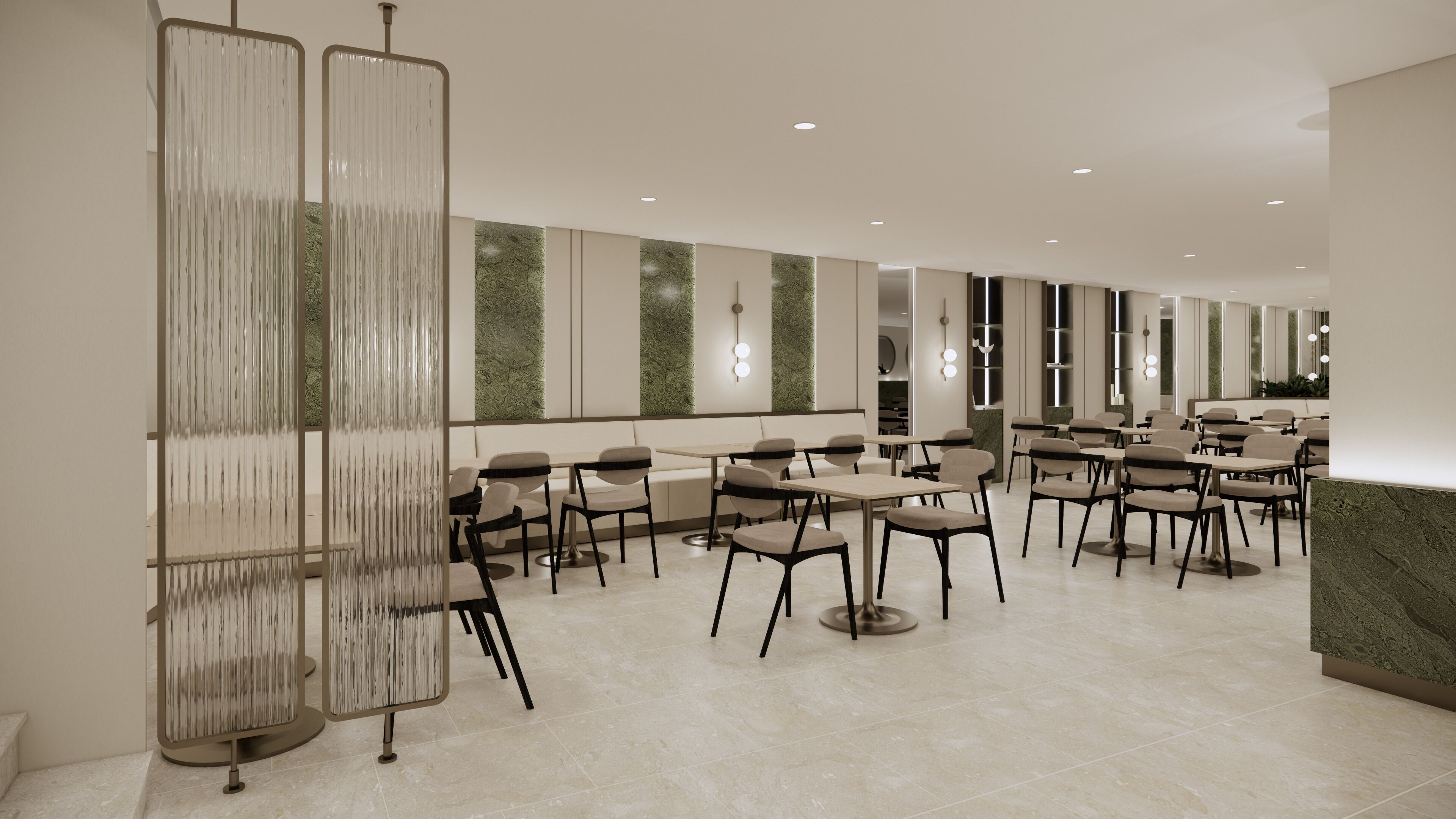 Un moderno vestíbulo de hotel con una zona de estar, un mostrador de recepción y una pared decorativa con rayas verticales.