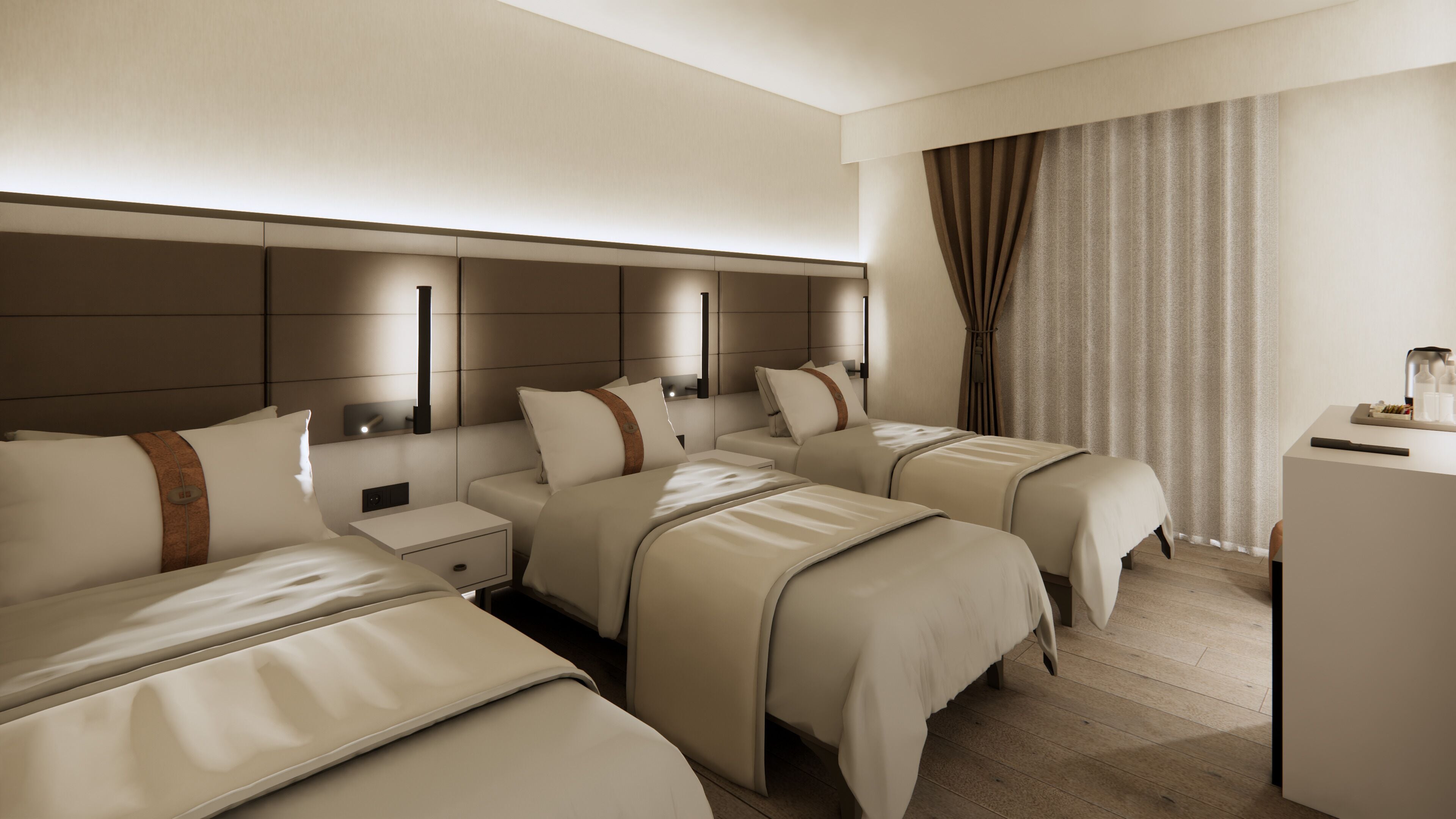 Habitación de hotel con dos camas, una mesita de noche, un escritorio y una cortina.