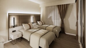 Habitación de hotel moderna con dos camas, una mesita de noche y un amplio ventanal con cortinas.