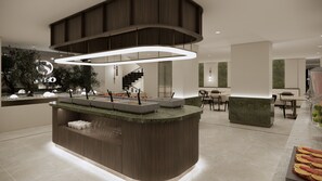 Una cocina moderna con una isla central, un comedor con una mesa redonda y una escalera que sube a un nivel superior.