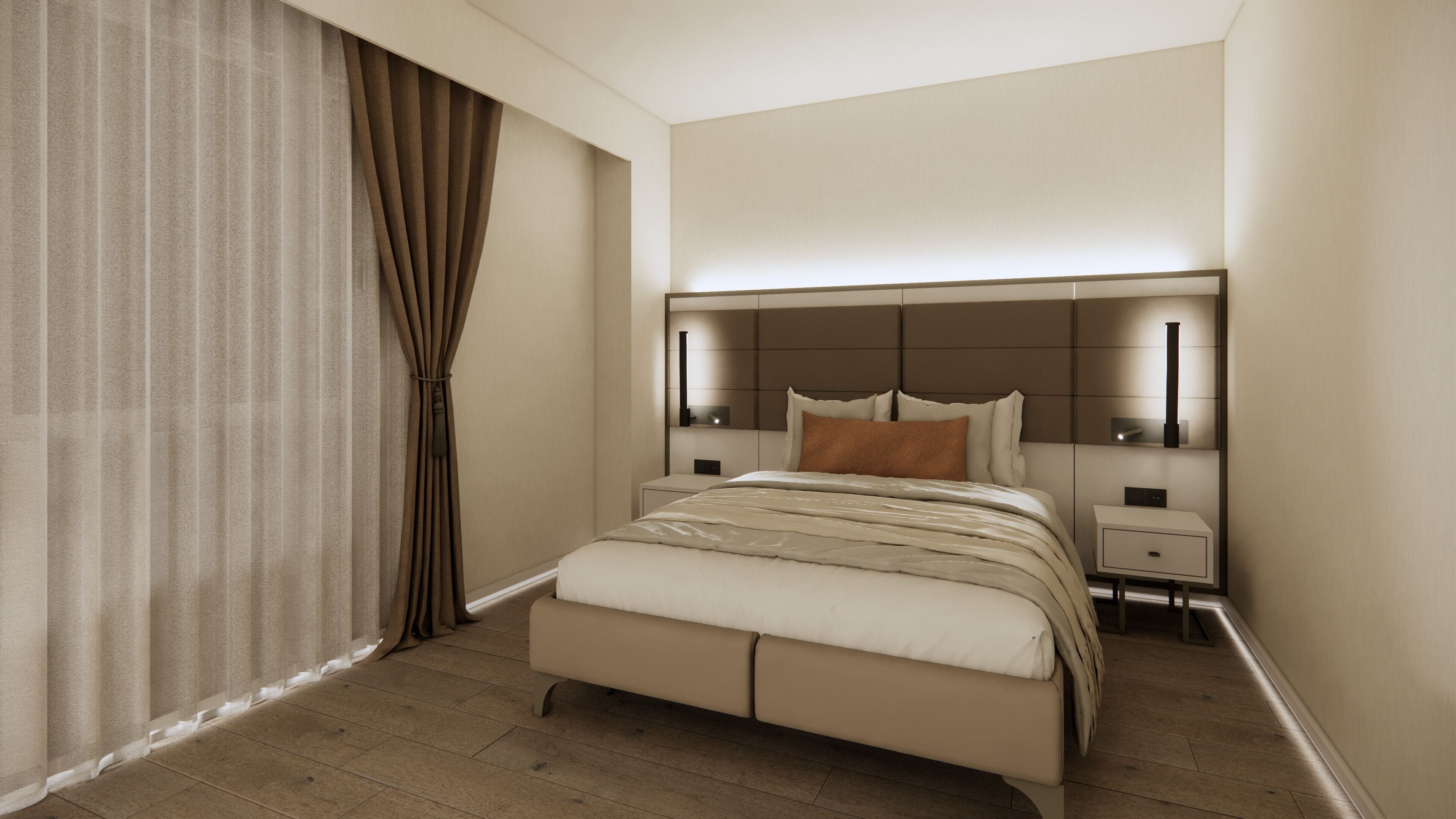 A modern hotel room with a large bed, bedside tables, and a headboard with integrated lighting.