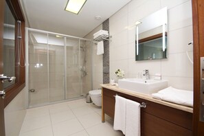 A modern bathroom with a glass shower enclosure, a white sink, and a large mirror.