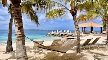 Private beach, sun loungers, beach umbrellas, beach towels