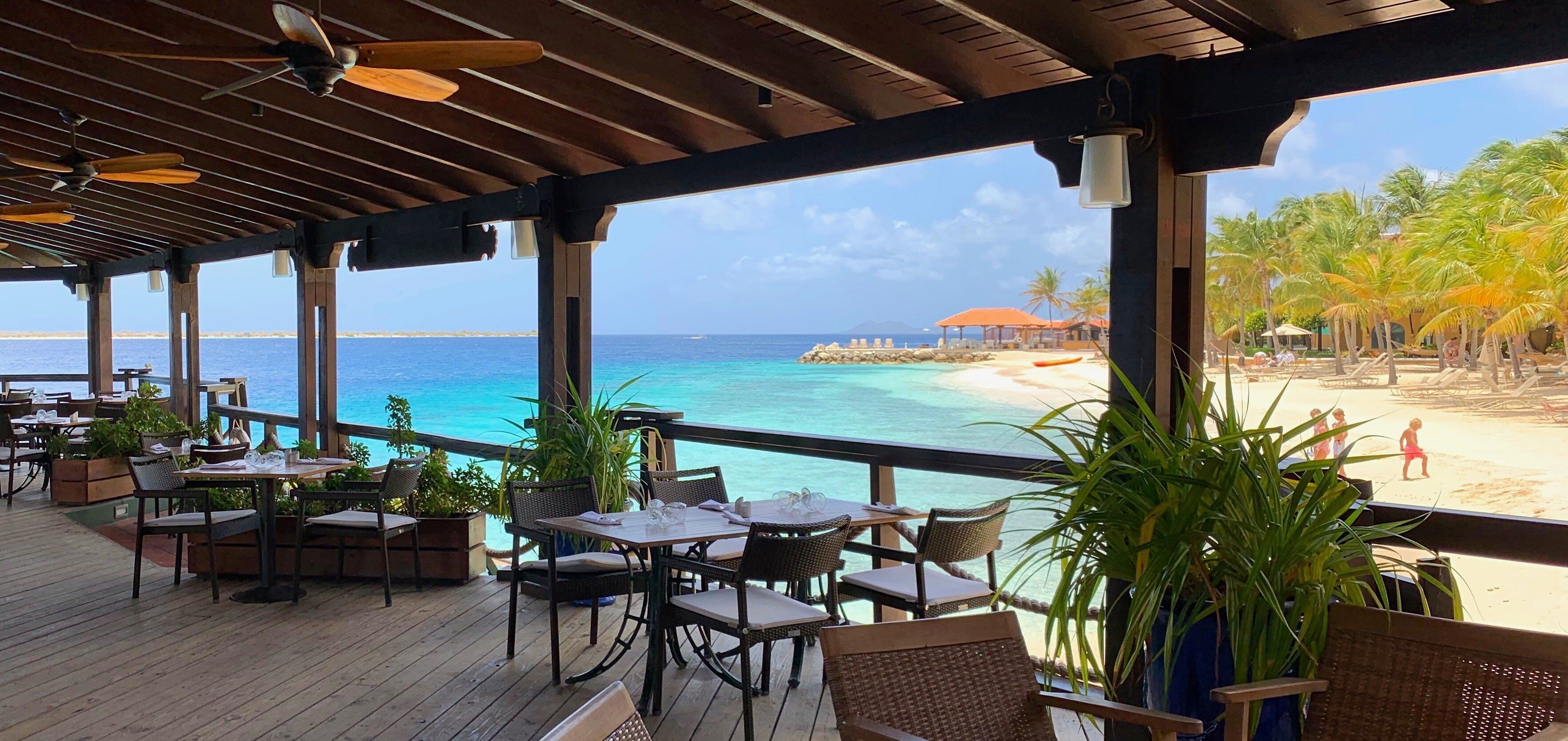 Un espace de restauration en plein air, avec des tables et des chaises, donnant sur une plage bordée de palmiers et sur une mer d’un bleu limpide.