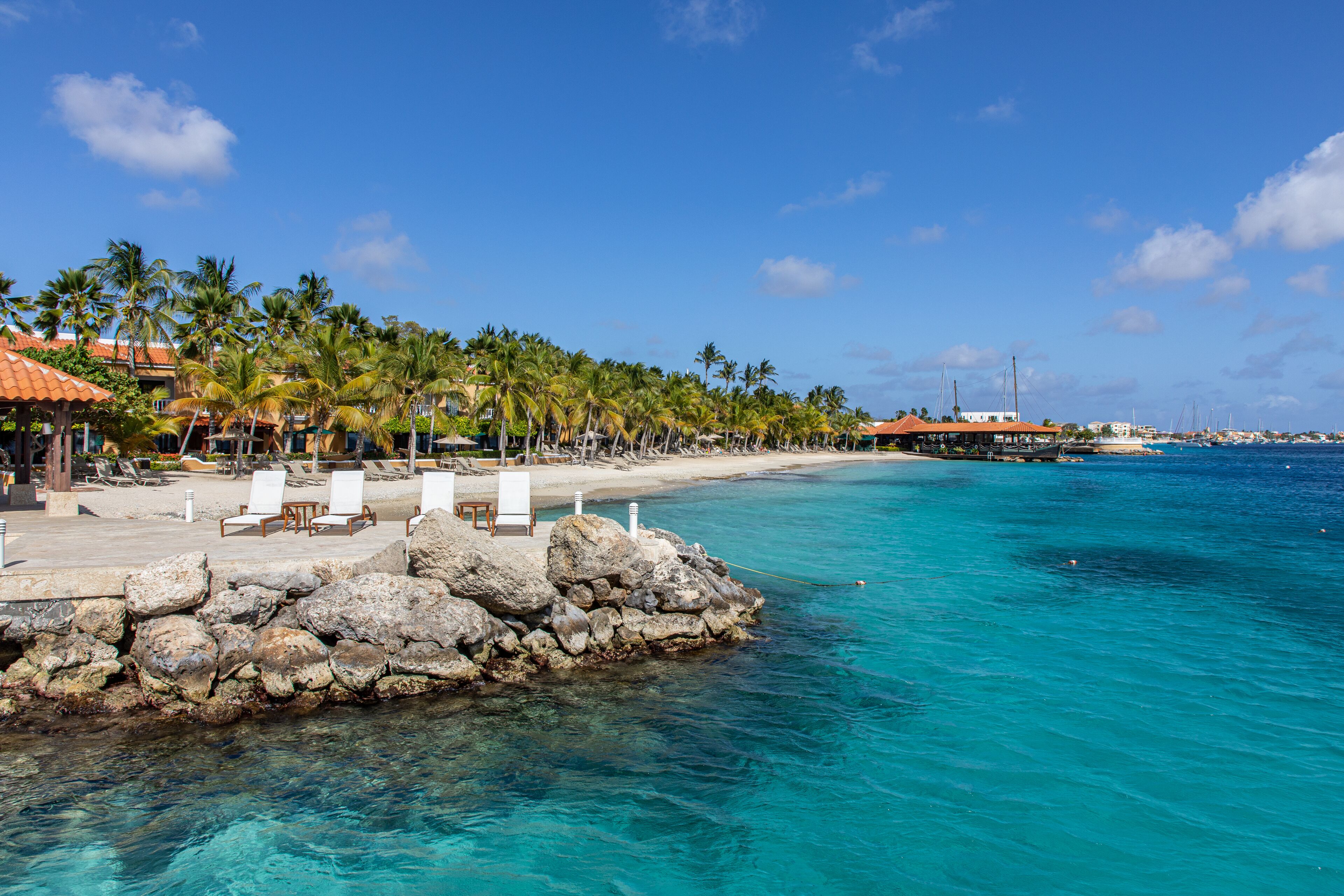 A beachfront resort with a stone pier, lounge chairs, and palm trees.