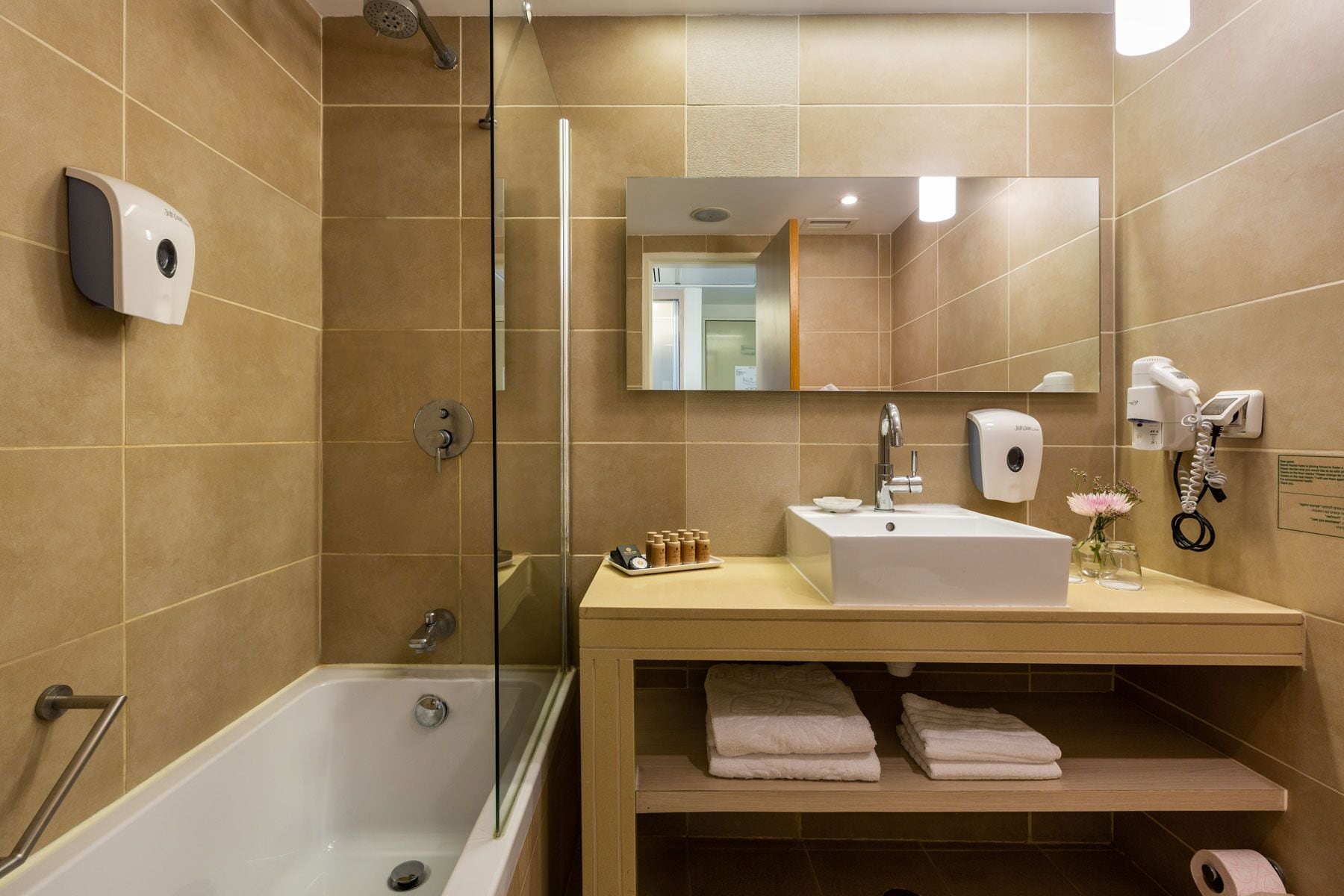 free toiletries, hair dryer, towels