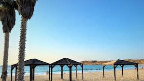 Una playa con tres pabellones de madera y palmeras.