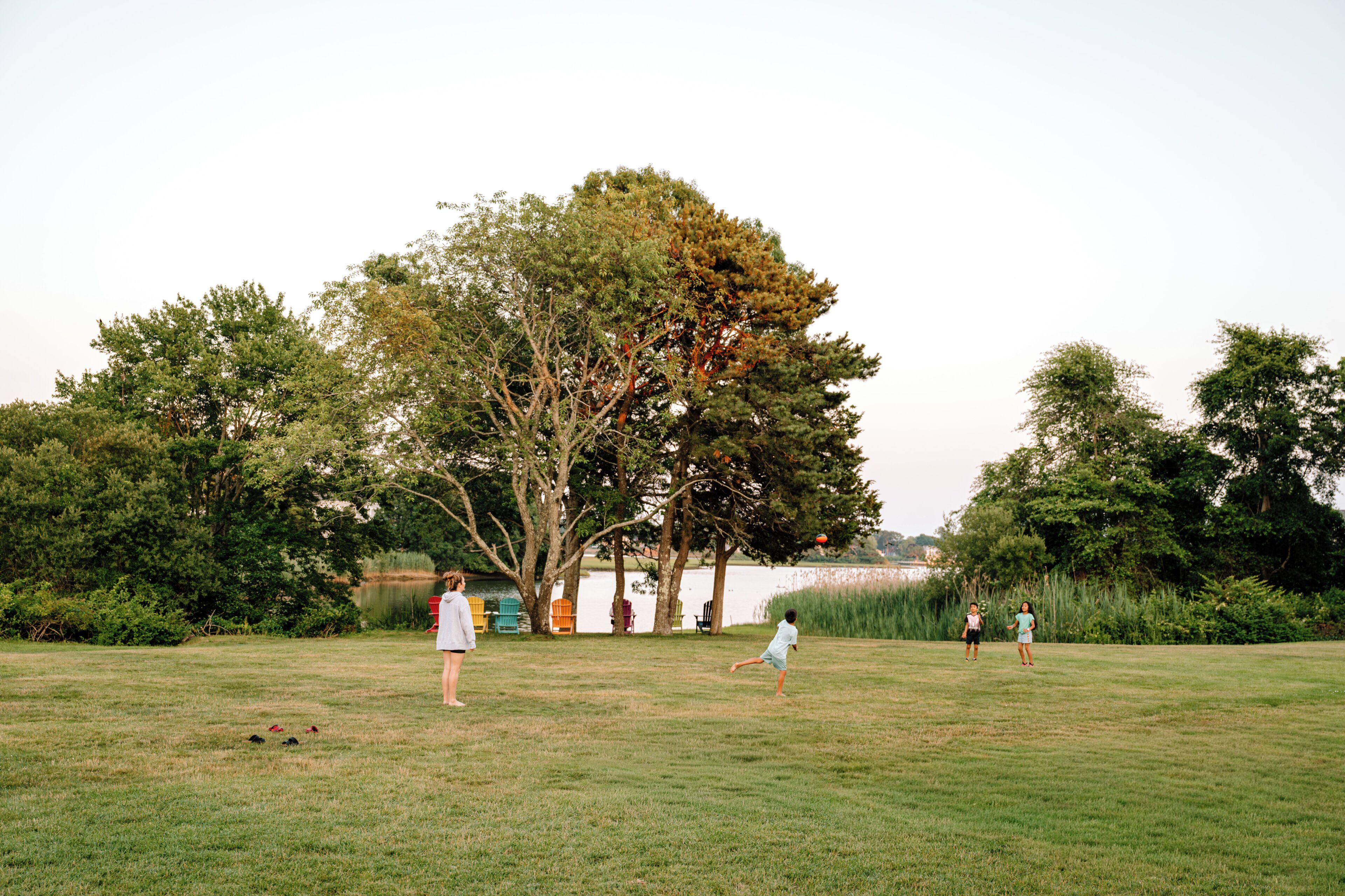Een grasveld met bomen en een waterpartij op de achtergrond.