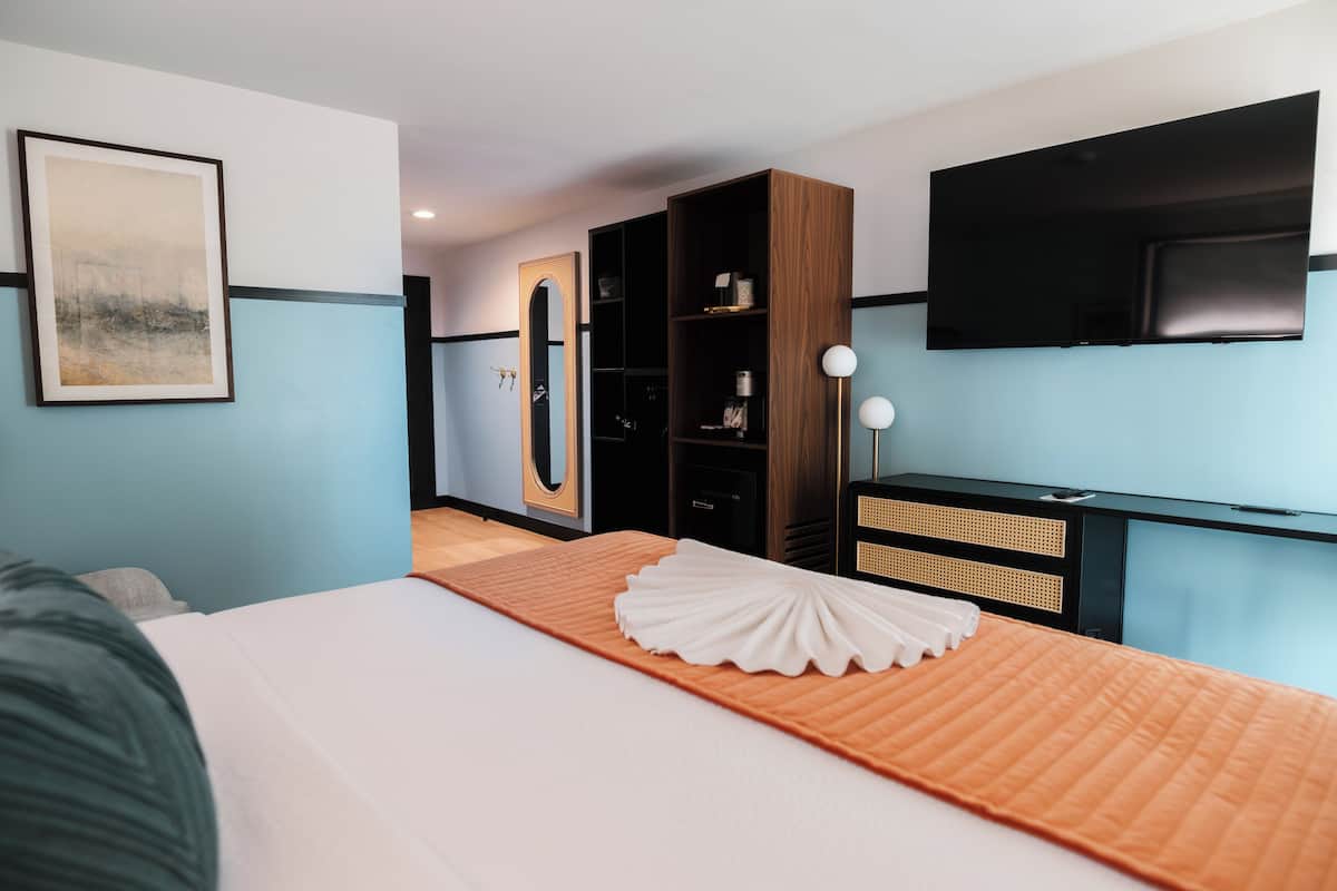 Habitación de hotel con cama, espejo grande, armario, televisor y un cuadro en la pared.