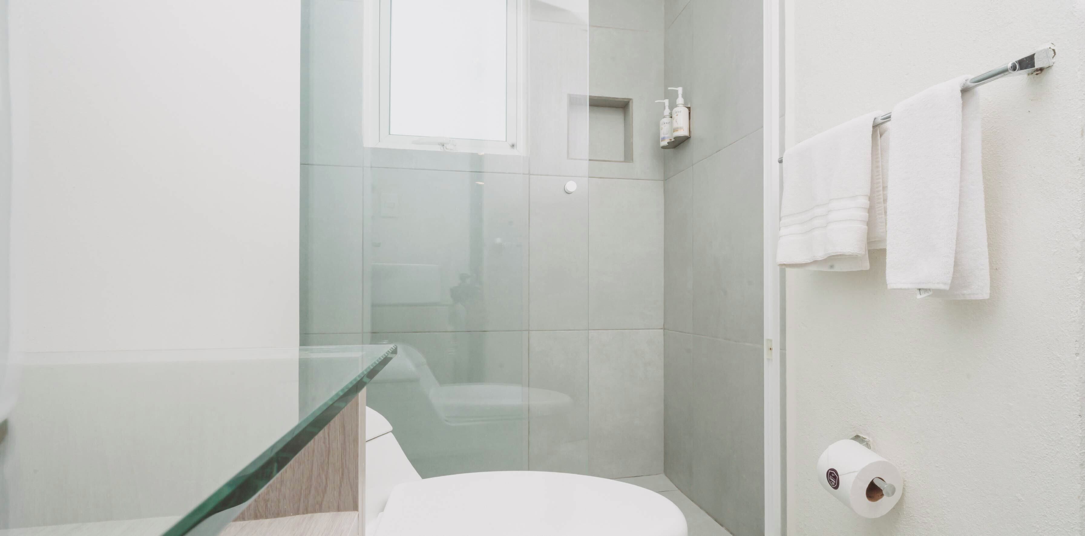 A modern bathroom with a glass shower enclosure, a toilet, and a towel rack.