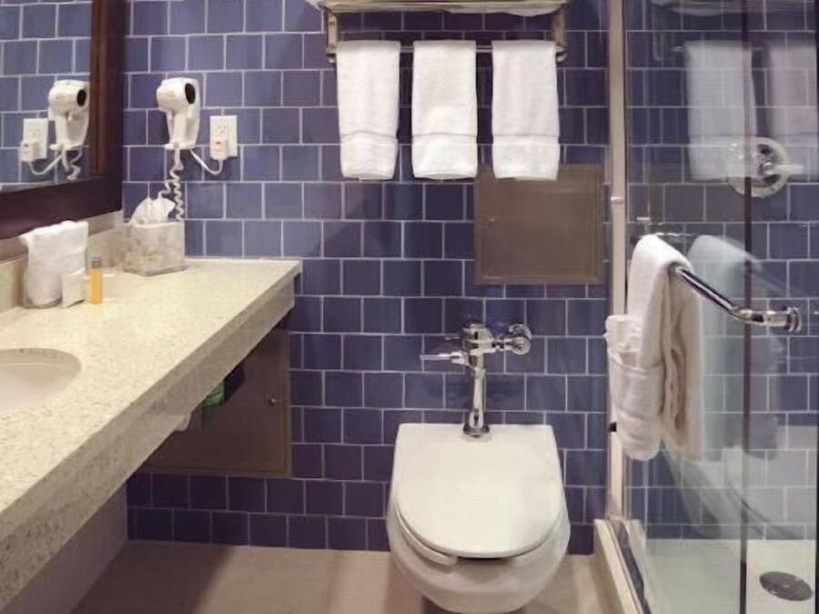 A bathroom with a toilet, sink, and a glass shower enclosure.