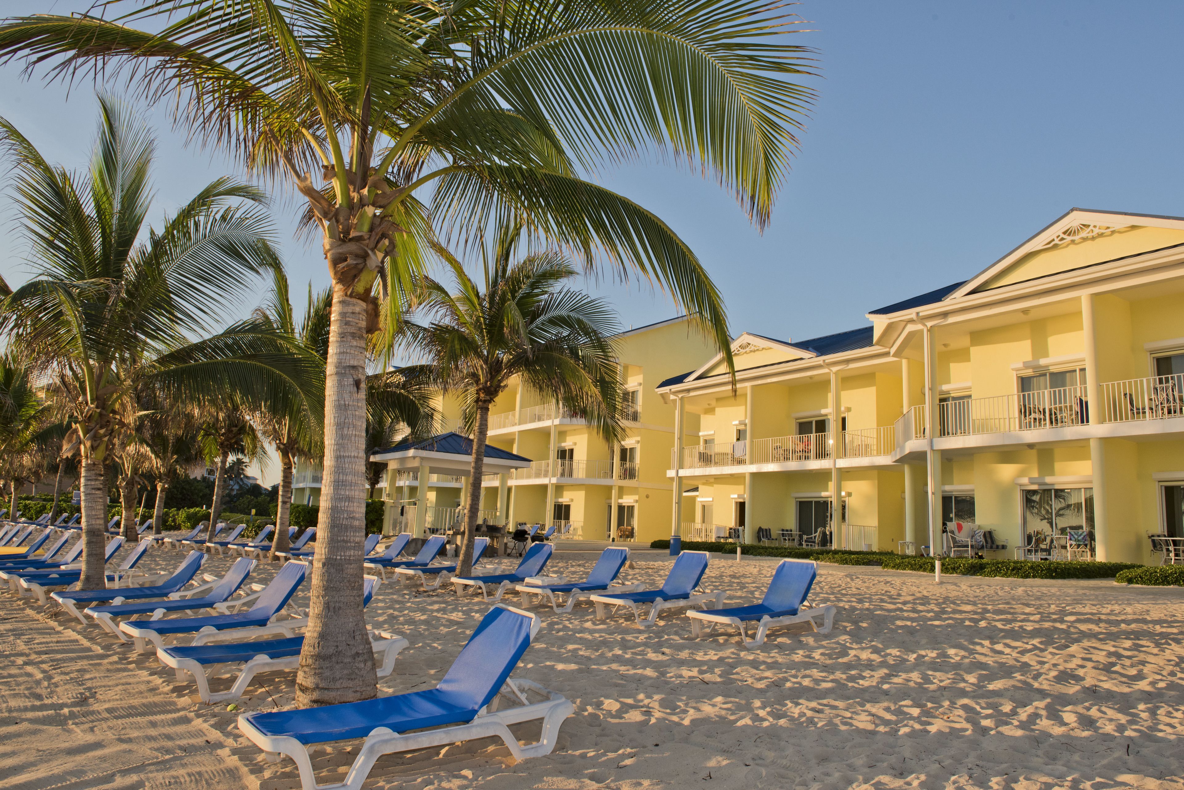 A beachside hotel with multiple balconies, sun loungers, and palm trees.