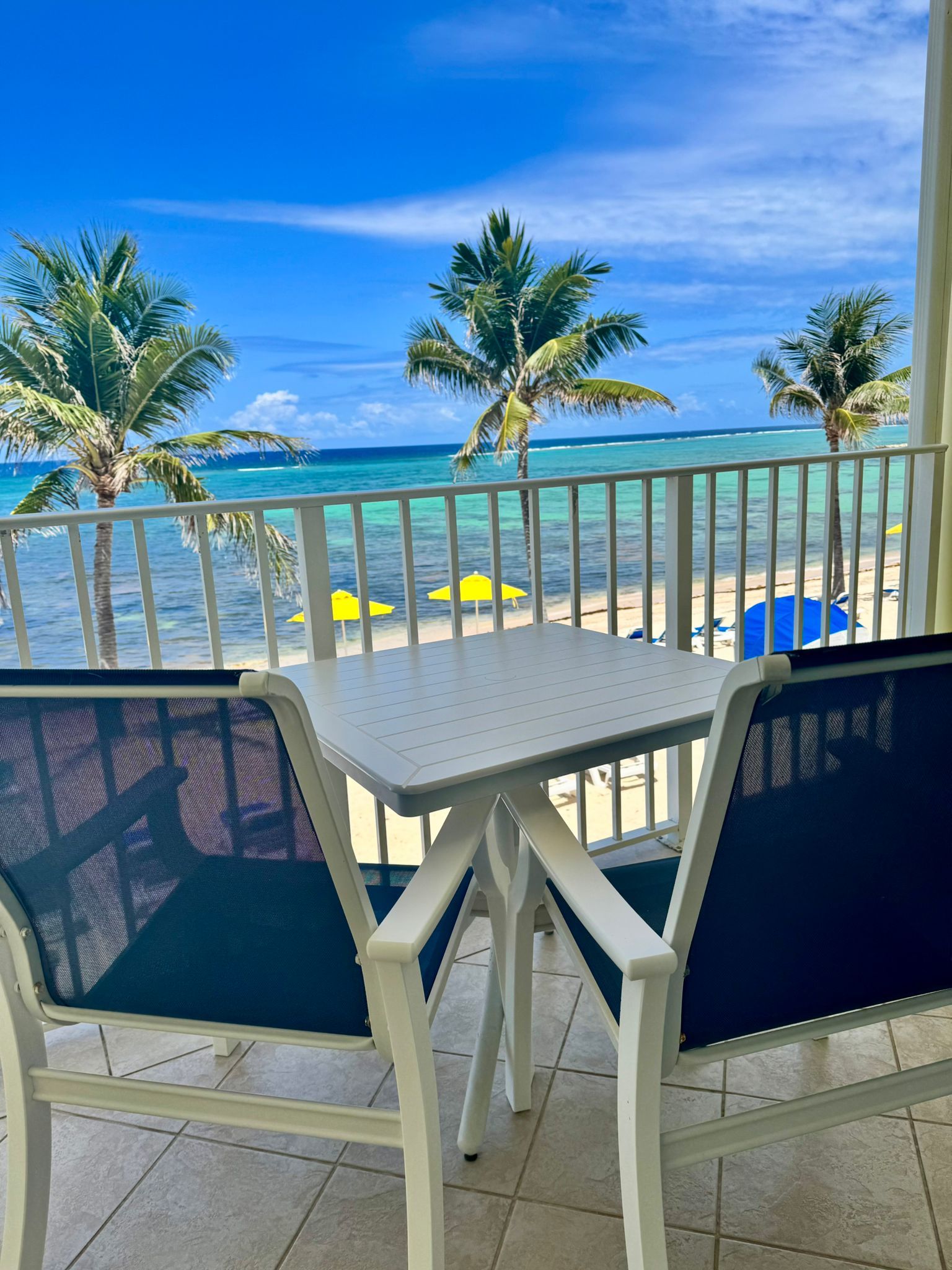 A balcony with a view of the beach, palm trees, and the ocean.