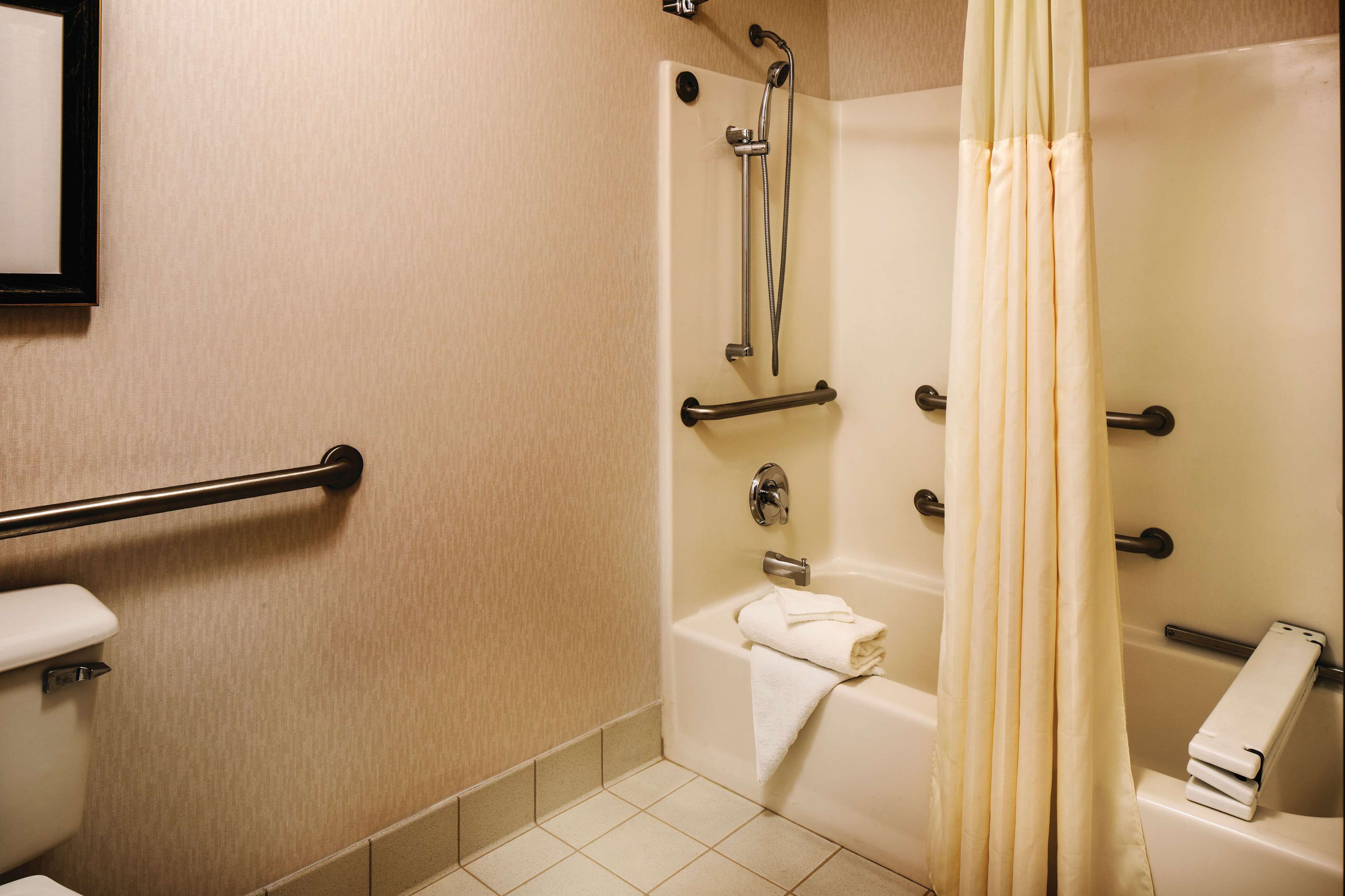 A bathroom with a toilet, a bathtub, and a shower area.