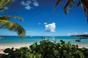 Plage privée, sable blanc, chaises longues, parasols