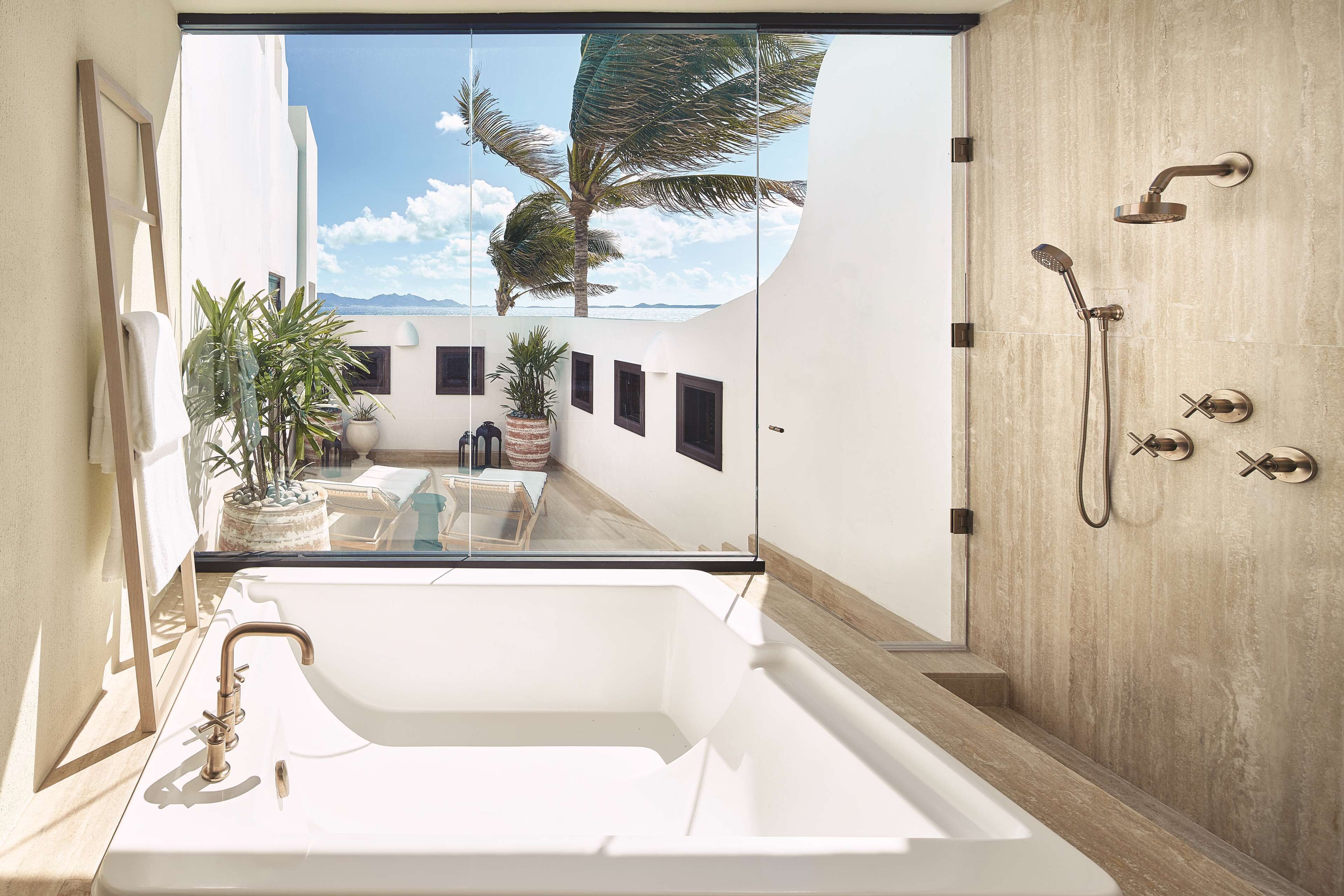 Un baño moderno con una bañera grande, zona de ducha y vista a un patio con plantas y una palmera.